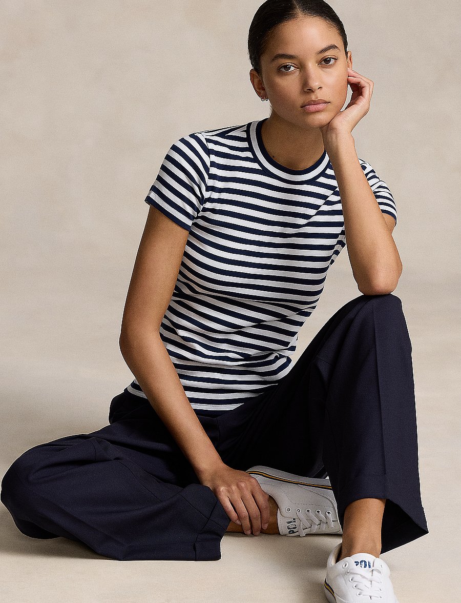 Polo Ralph Lauren - Striped Ribbed Cotton Crewneck Tee - t-shirts - cruise navy/white - 0