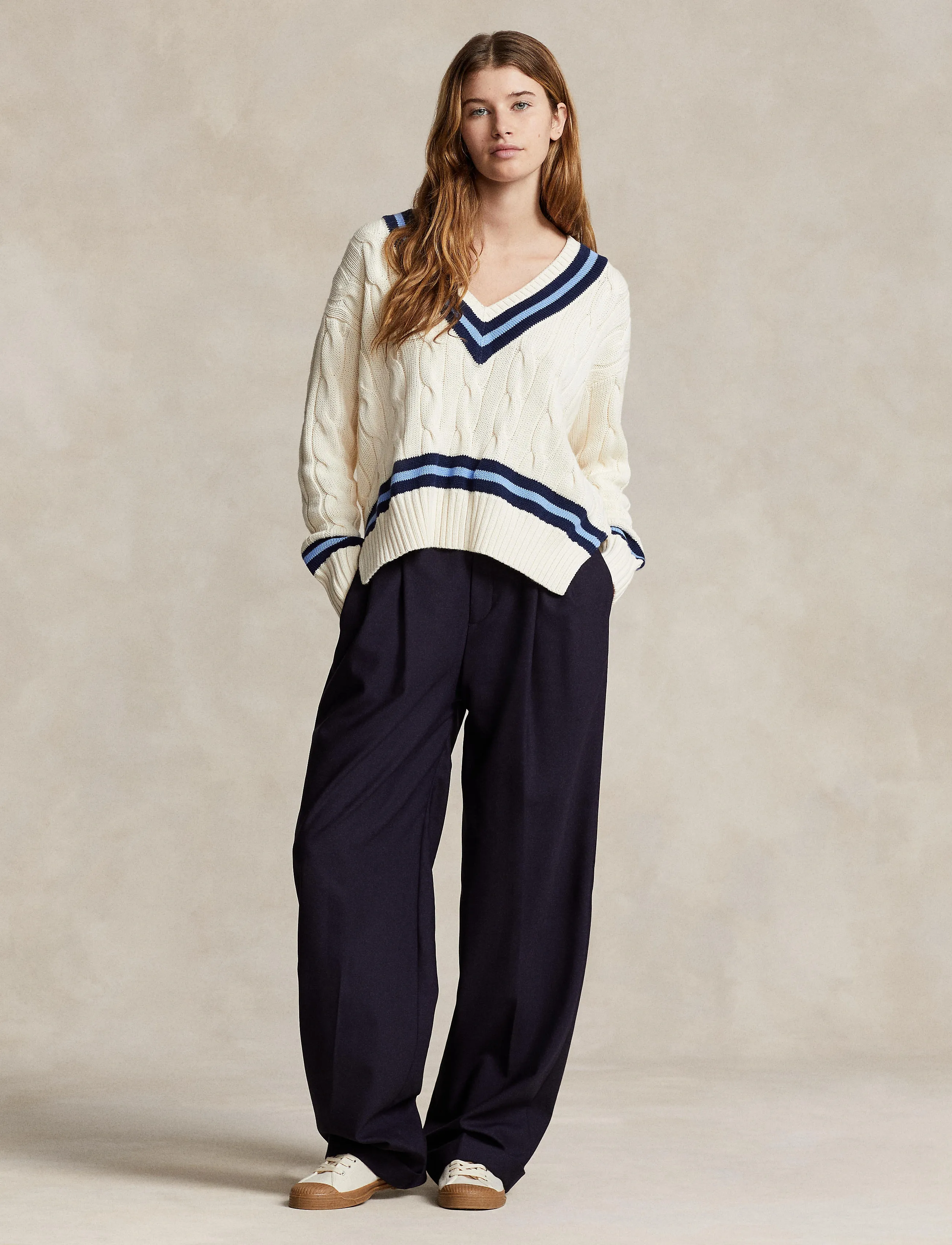 Polo Ralph Lauren The Iconic Cricket Sweater, Kvinder, Kabelstrikket Cricket Sweater, Beige, Str: XL