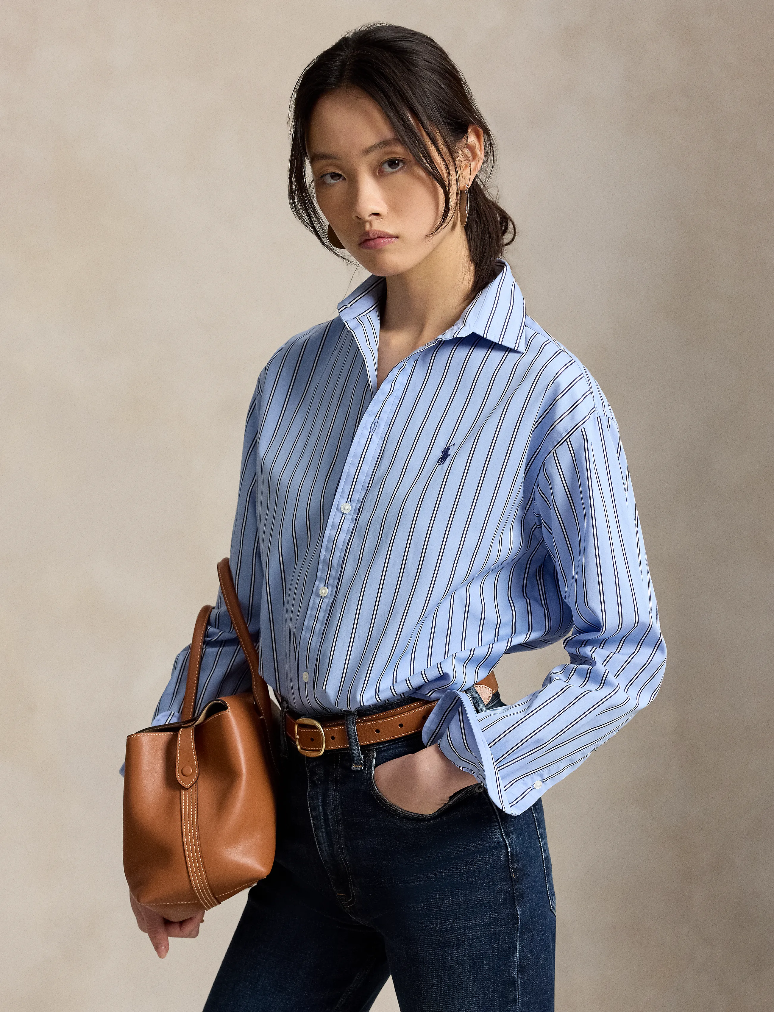 Polo Ralph Lauren Relaxed Fit Striped Cotton Shirt, L, Shirts, Blau - Long-sleeved, Frauen