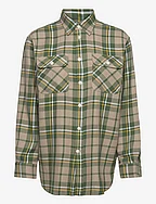 Relaxed Fit Plaid Twill Utility Shirt - 1474 TAN/GREEN MU
