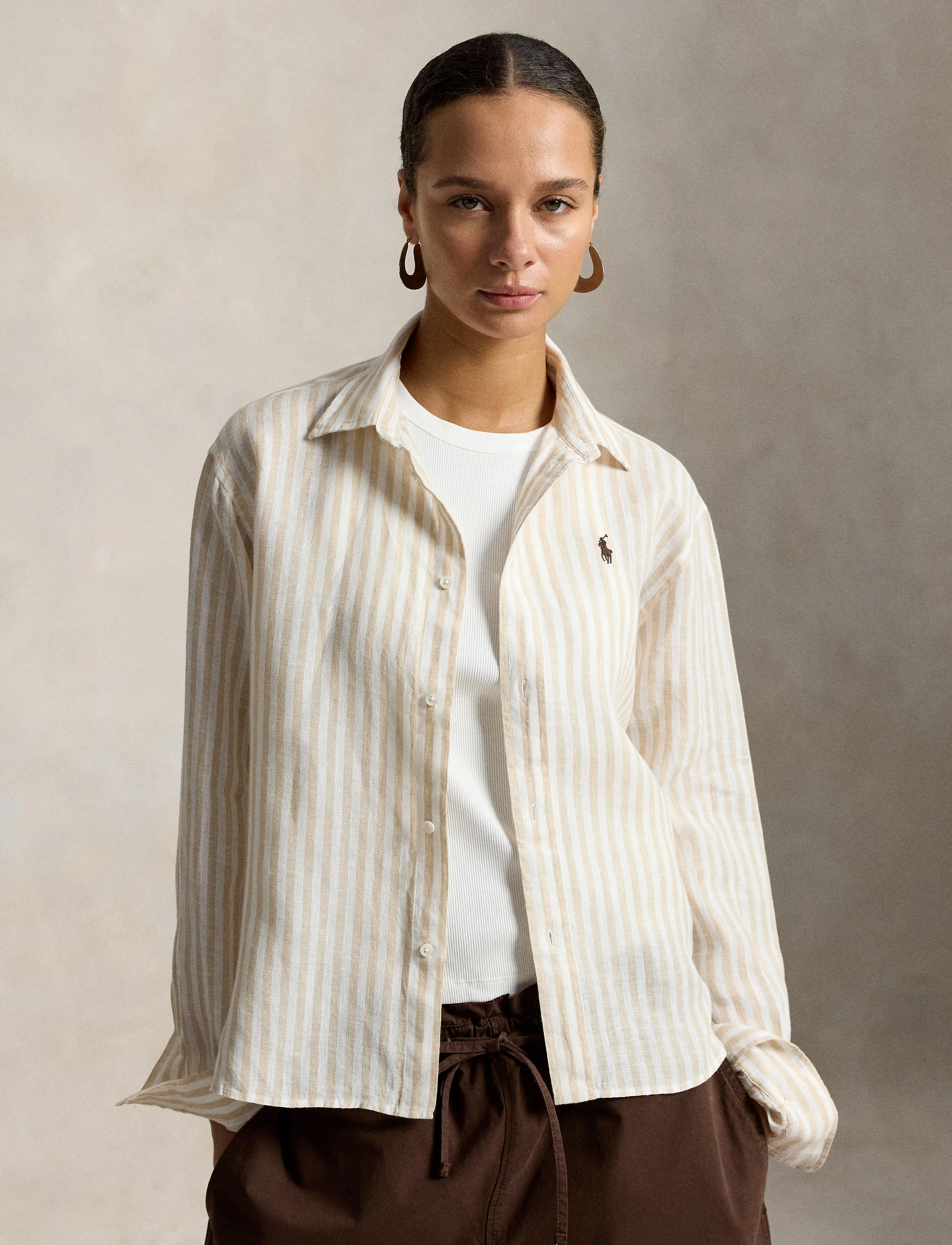 Polo Ralph Lauren Wide Cropped Gingham Linen Shirt - Langærmede skjorter - 1323 DUNE TAN/WHI / beige