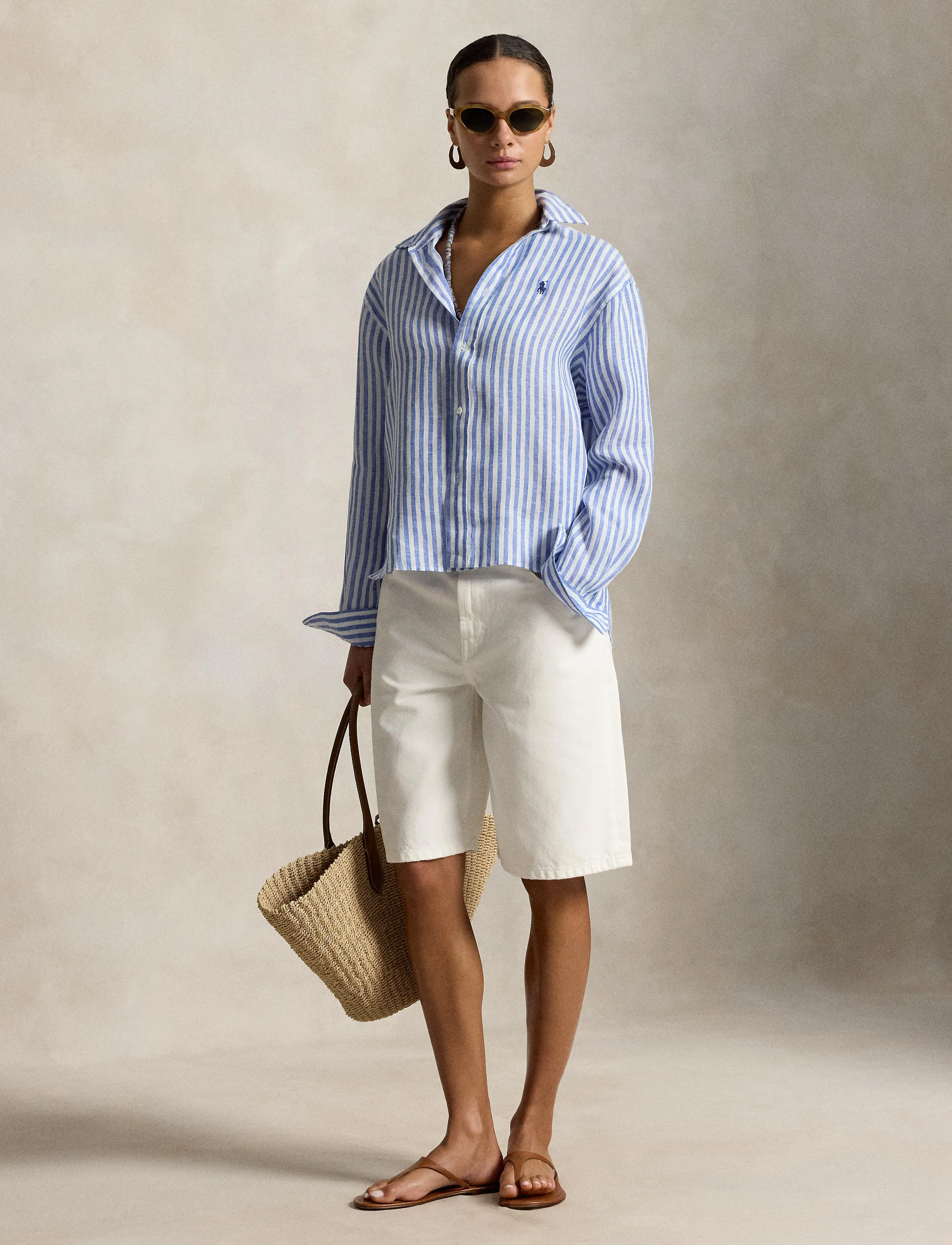 Polo Ralph Lauren - Wide Cropped Gingham Linen Shirt - denimskjorter - 1323 gala blue/wh - 5