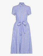 Belted Striped Linen Shirtdress - 1722A LAKE BLUE/W