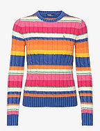 Striped Cable Cotton Crewneck Sweater - BLUE COMBO