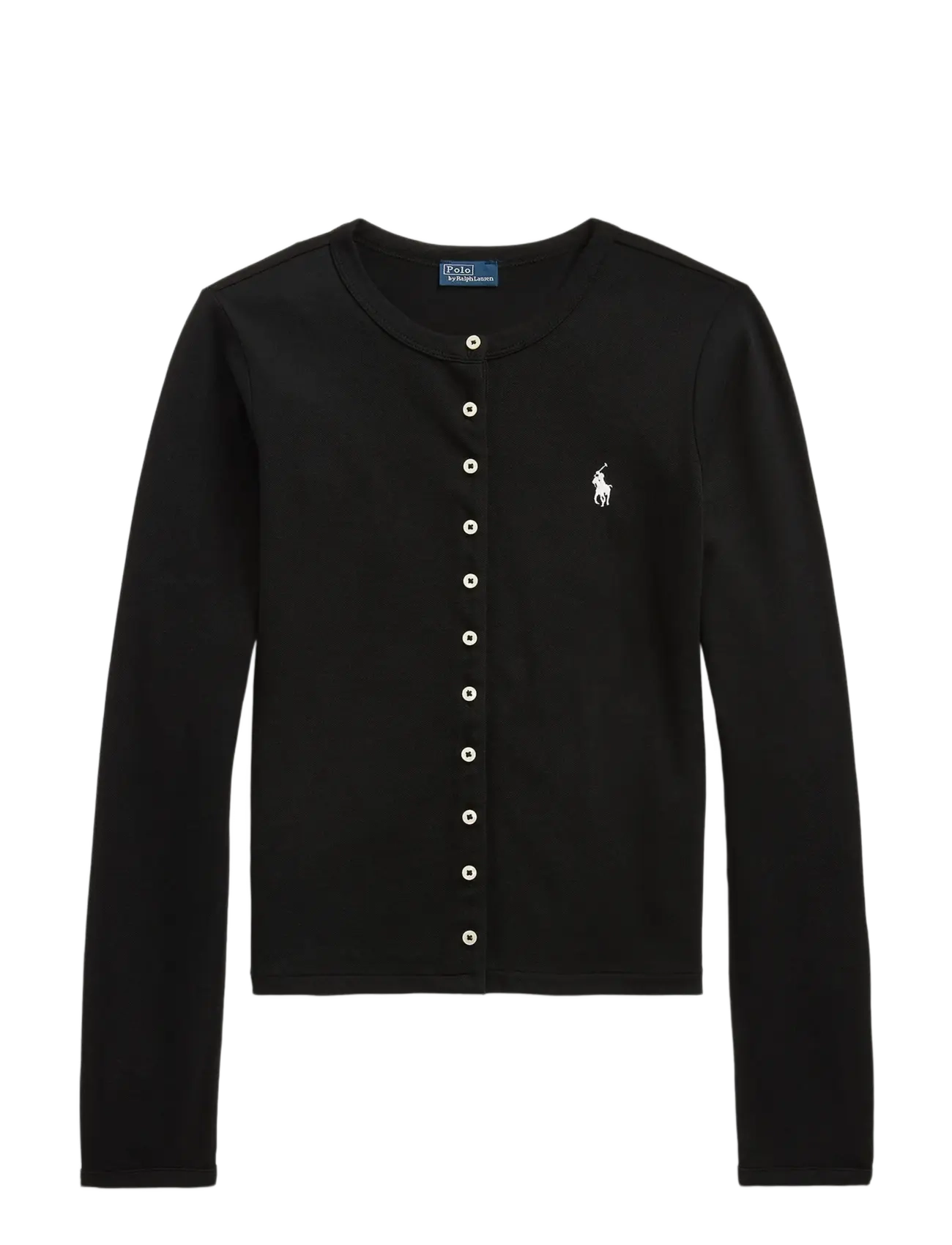 Stretch Mesh Cotton Crewneck Cardigan - POLO BLACK