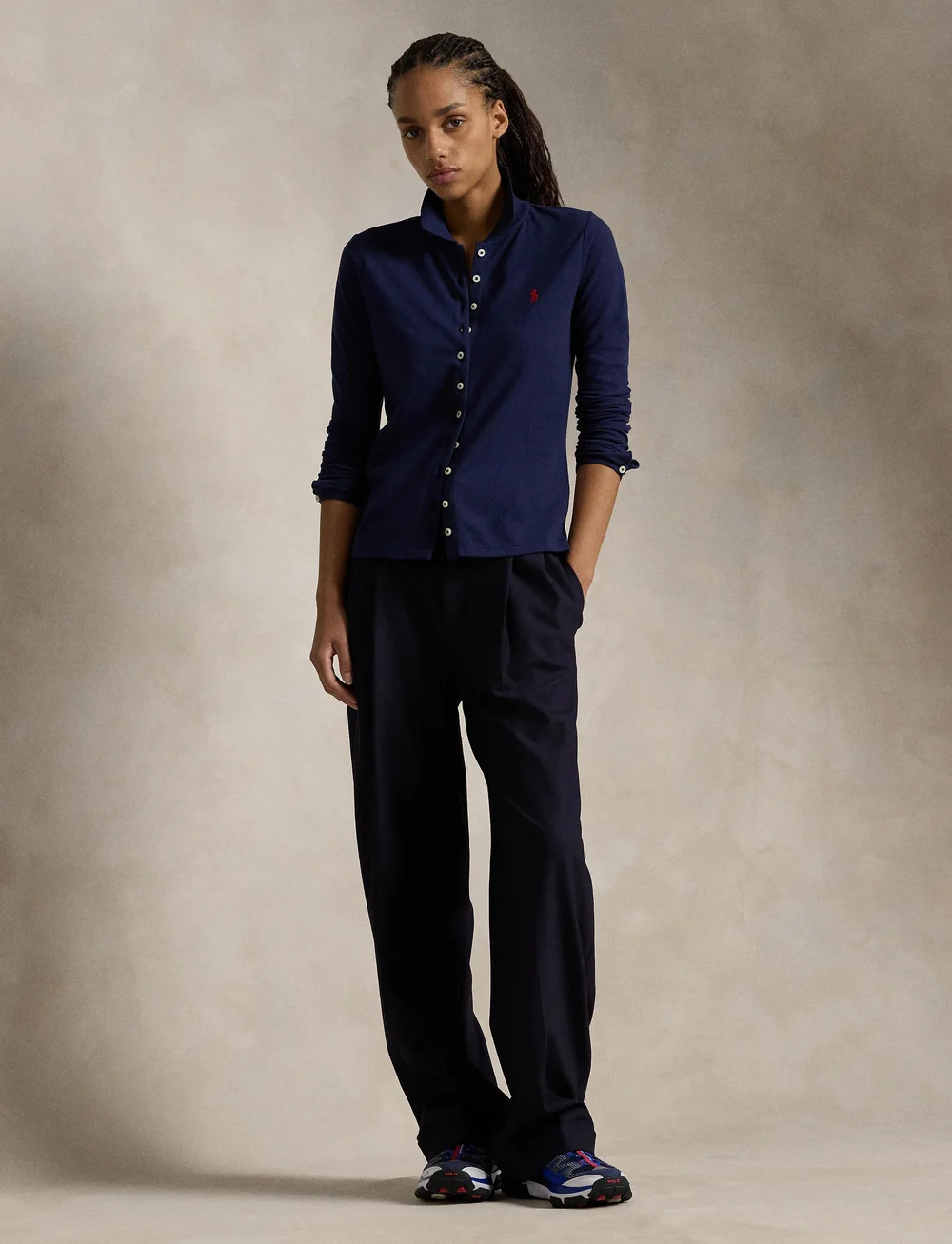 Polo Ralph Lauren - Buttoned-Placket Long-Sleeve Polo Shirt - t-paidat & topit - newport navy - 0