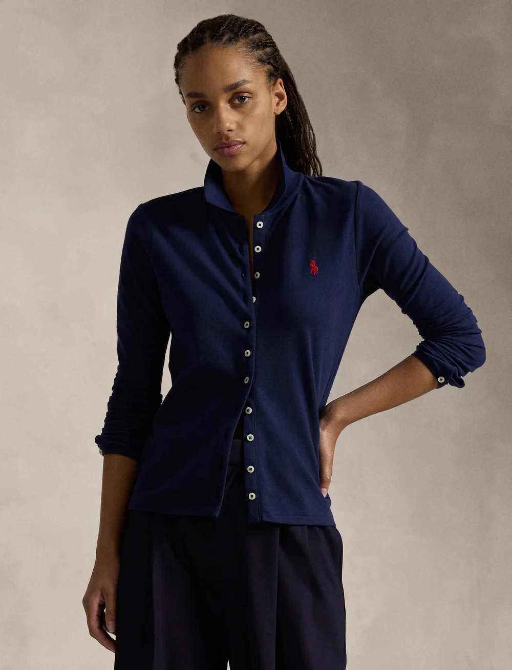 Polo Ralph Lauren - Buttoned-Placket Long-Sleeve Polo Shirt - t-paidat & topit - newport navy - 3