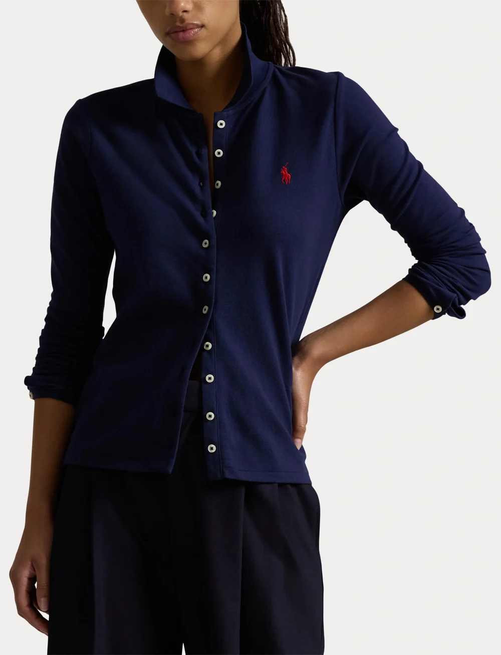 Polo Ralph Lauren - Buttoned-Placket Long-Sleeve Polo Shirt - t-paidat & topit - newport navy - 5
