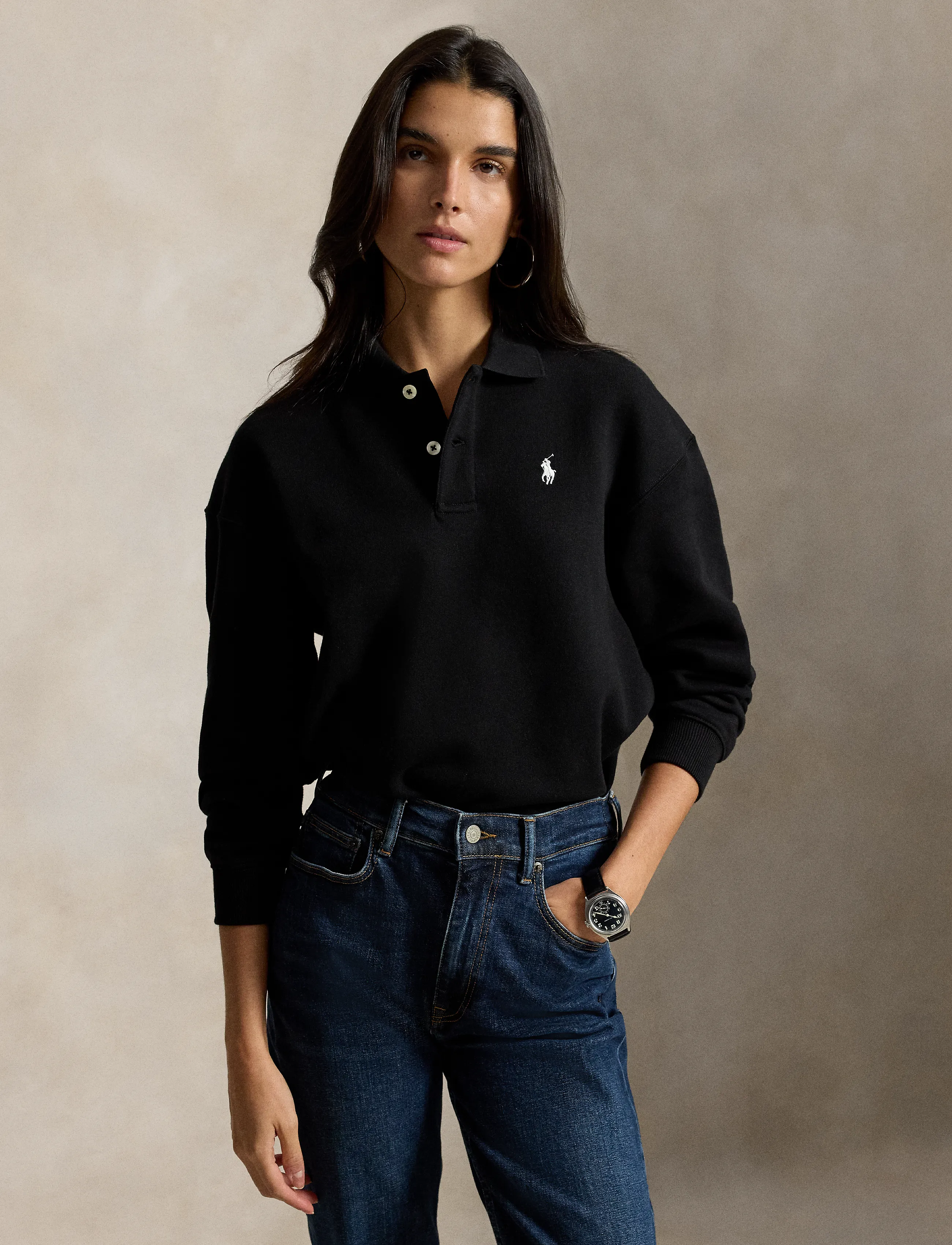 Polo Ralph Lauren Polo-Collar Fleece Pullover, Kvinder, Polo Krave Fleece Pullover, Sort, Str: L