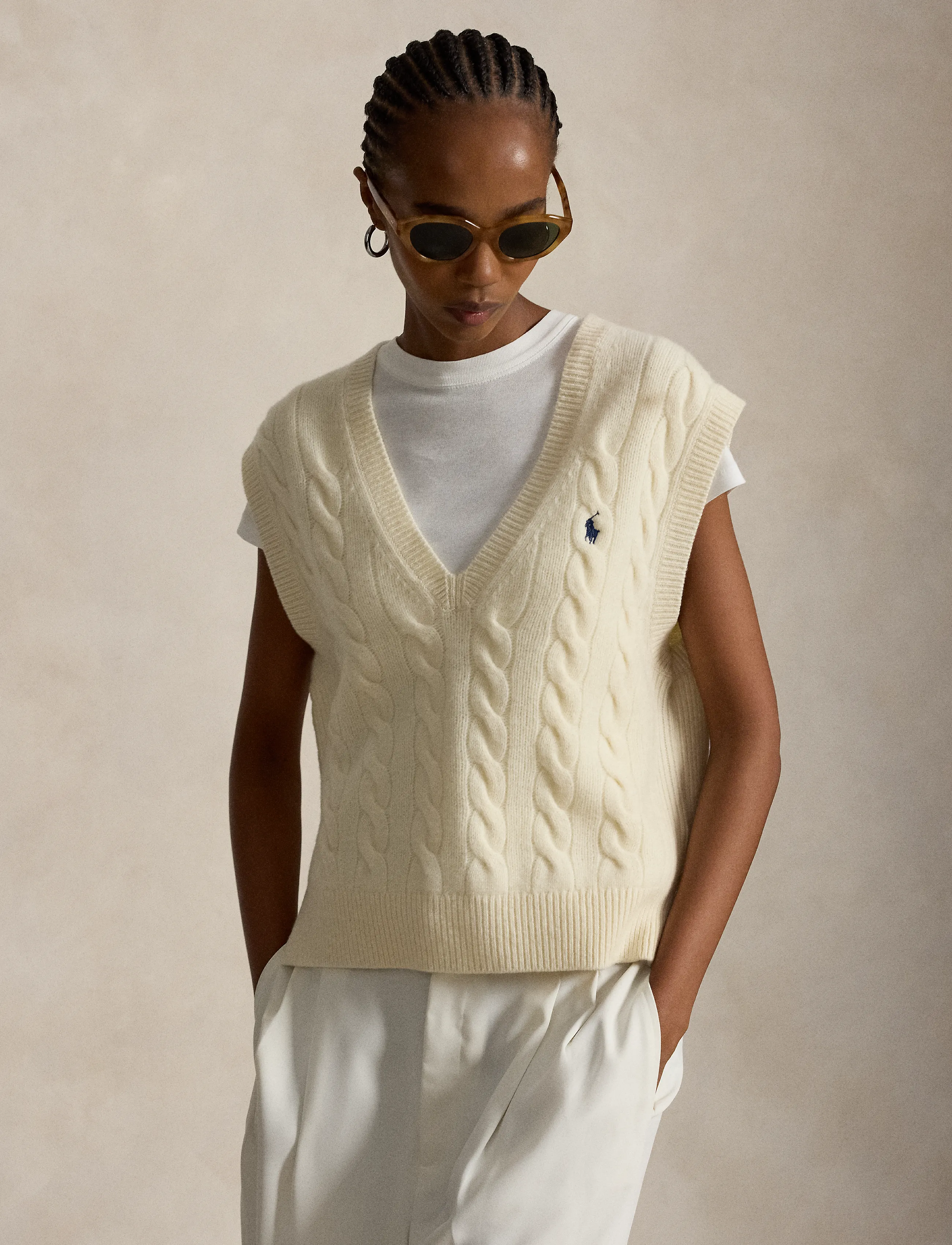 Polo Ralph Lauren Cable-Knit Wool-Cashmere Sweater Vest, Kvinder, Kabelstrikket Sweatervest, Cream, Str: L
