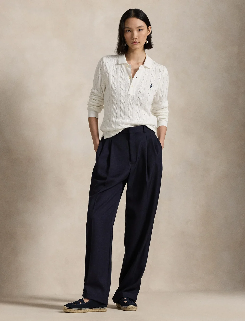 Polo Ralph Lauren - Cable-Knit Cotton Long-Sleeve Polo Shirt - poloskjorter - white - 0