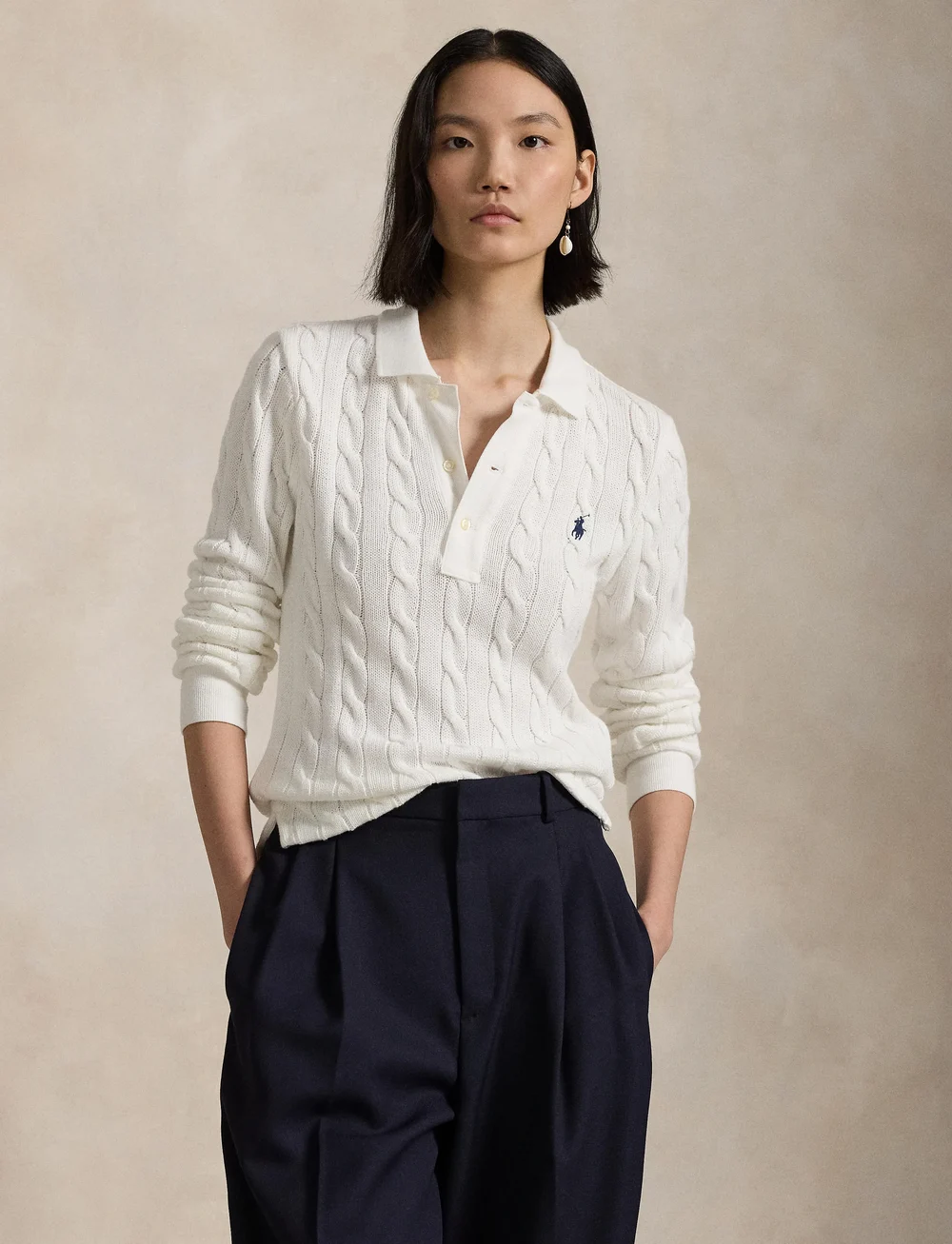 Polo Ralph Lauren - Cable-Knit Cotton Long-Sleeve Polo Shirt - poloskjorter - white - 3