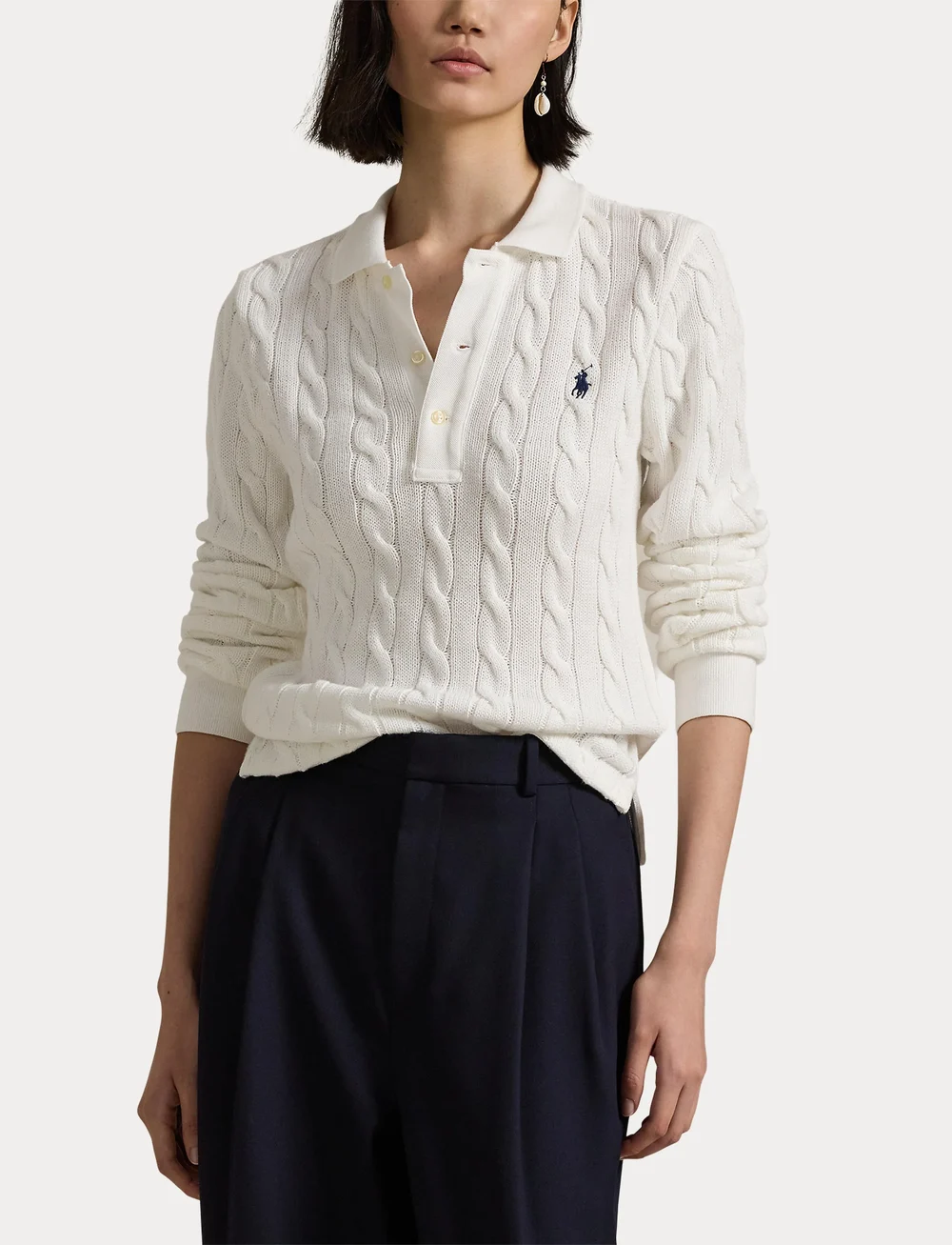 Polo Ralph Lauren - Cable-Knit Cotton Long-Sleeve Polo Shirt - poloskjorter - white - 5