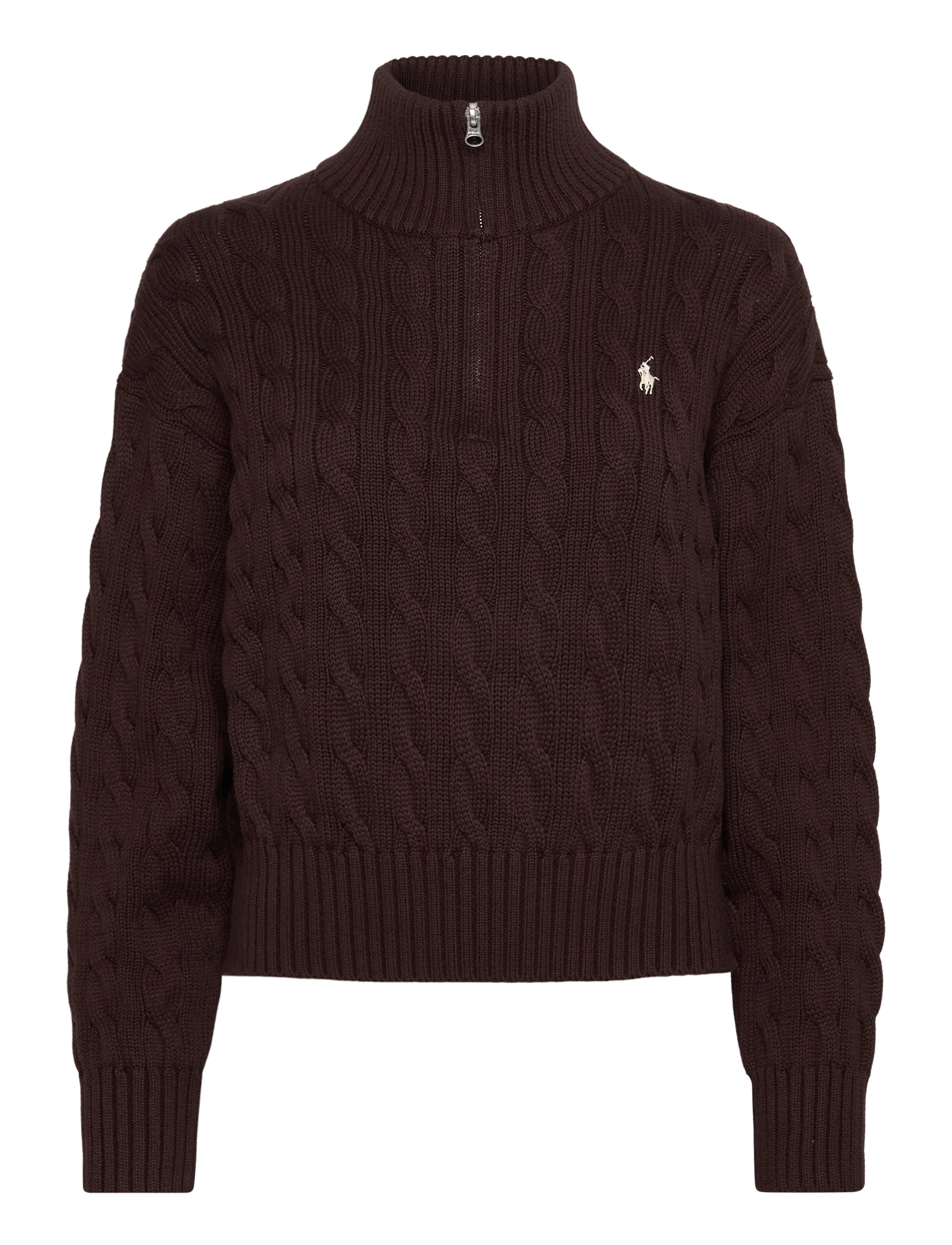 Polo Ralph Lauren Cable-Knit Cotton Quarter-Zip Sweater - Polo Ralph Lauren - DARK BROWN / brown
