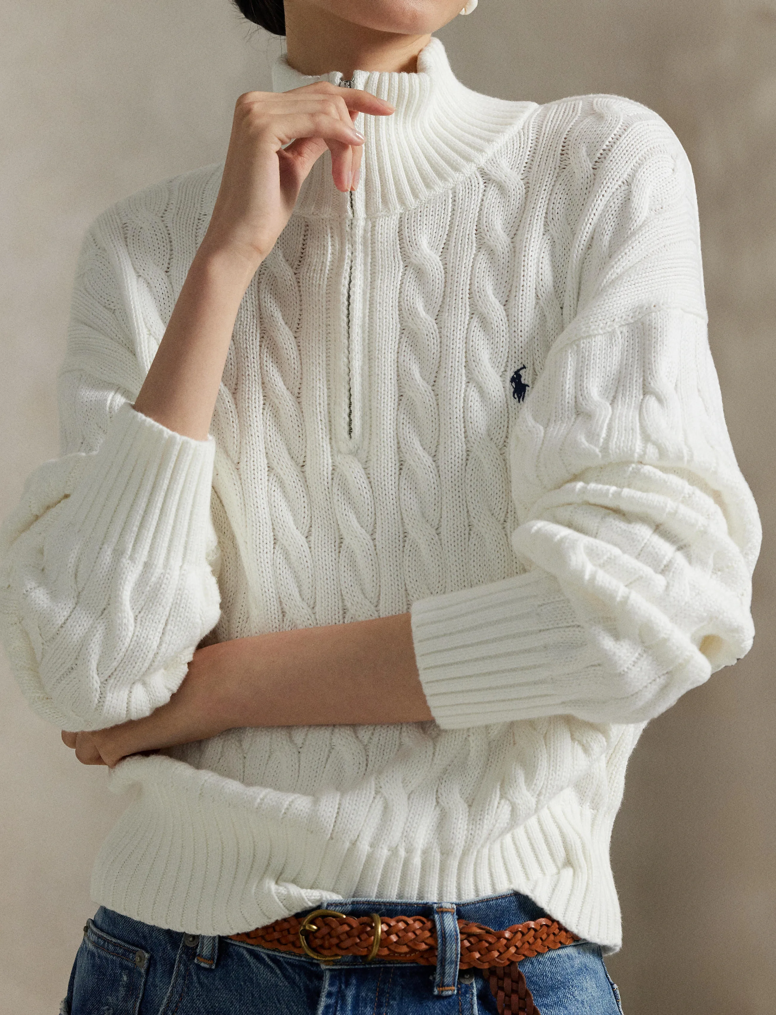 Polo Ralph Lauren - Cable-Knit Cotton Quarter-Zip Sweater - pullover - white - 3