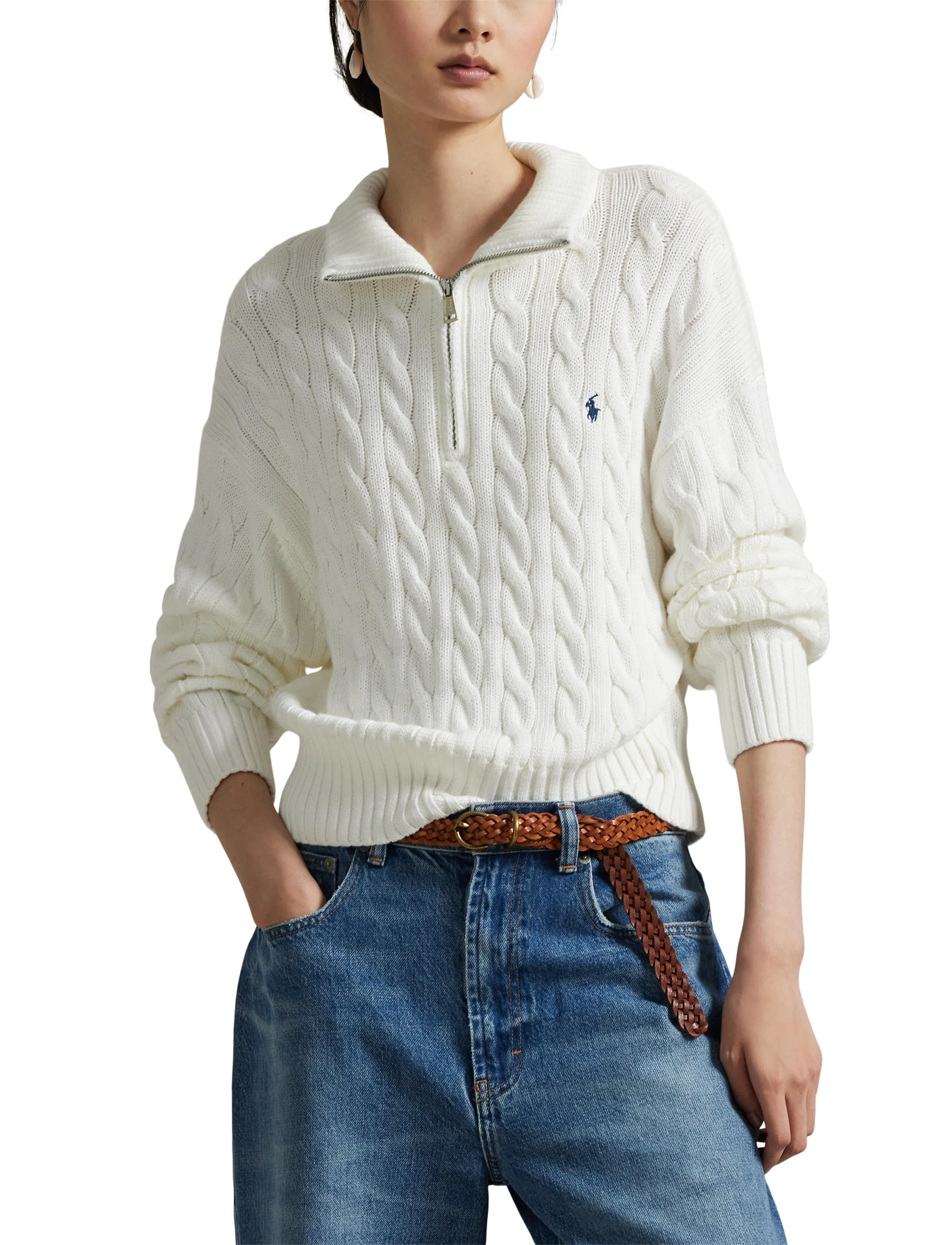 Polo Ralph Lauren - Cable-Knit Cotton Quarter-Zip Sweater - pullover - white - 5