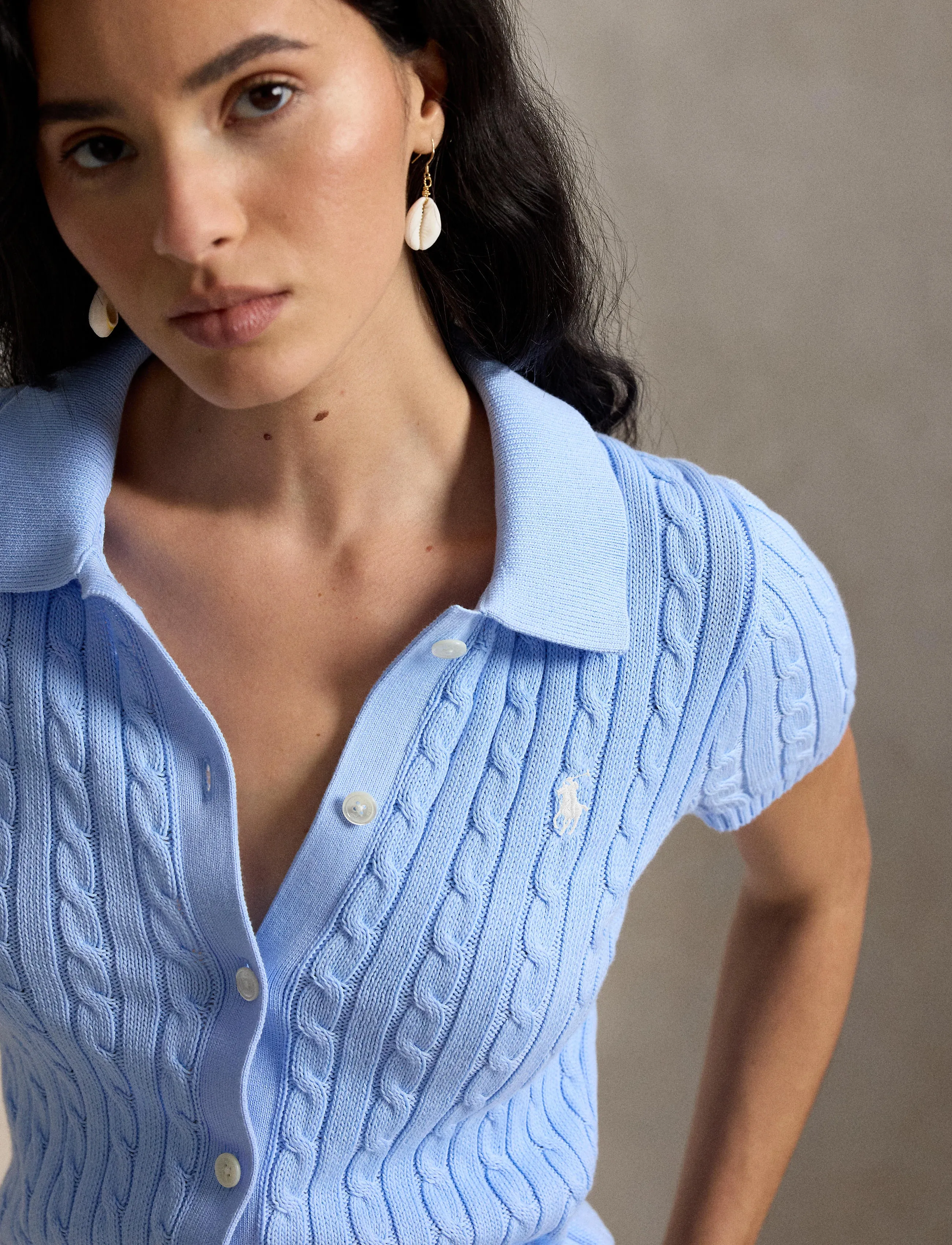 Polo Ralph Lauren - Cable Cotton Short-Sleeve Polo Cardigan - t-shirts & tops - baby blue - 3