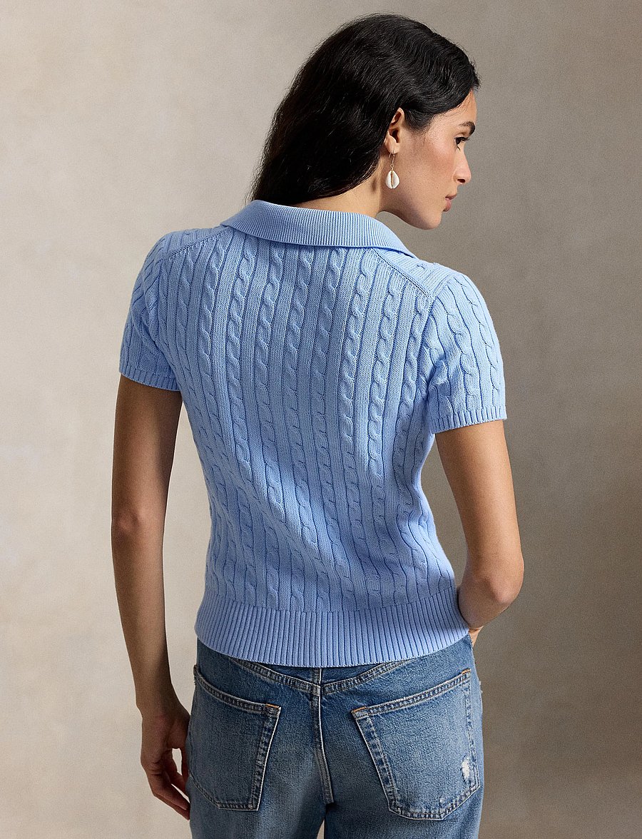 Polo Ralph Lauren - Cable Cotton Short-Sleeve Polo Cardigan - t-shirts & tops - baby blue - 5