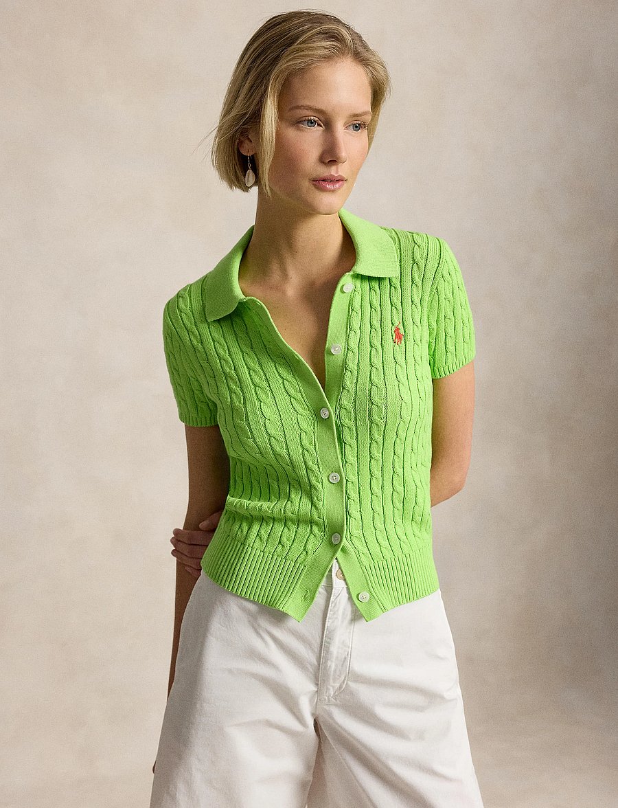 Polo Ralph Lauren - Cable Cotton Short-Sleeve Polo Cardigan - t-shirts & tops - riviera green - 3