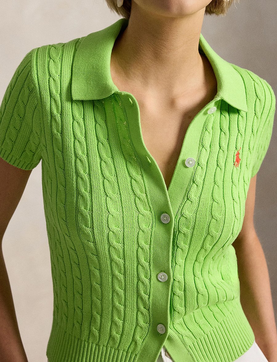 Polo Ralph Lauren - Cable Cotton Short-Sleeve Polo Cardigan - t-shirts & tops - riviera green - 4