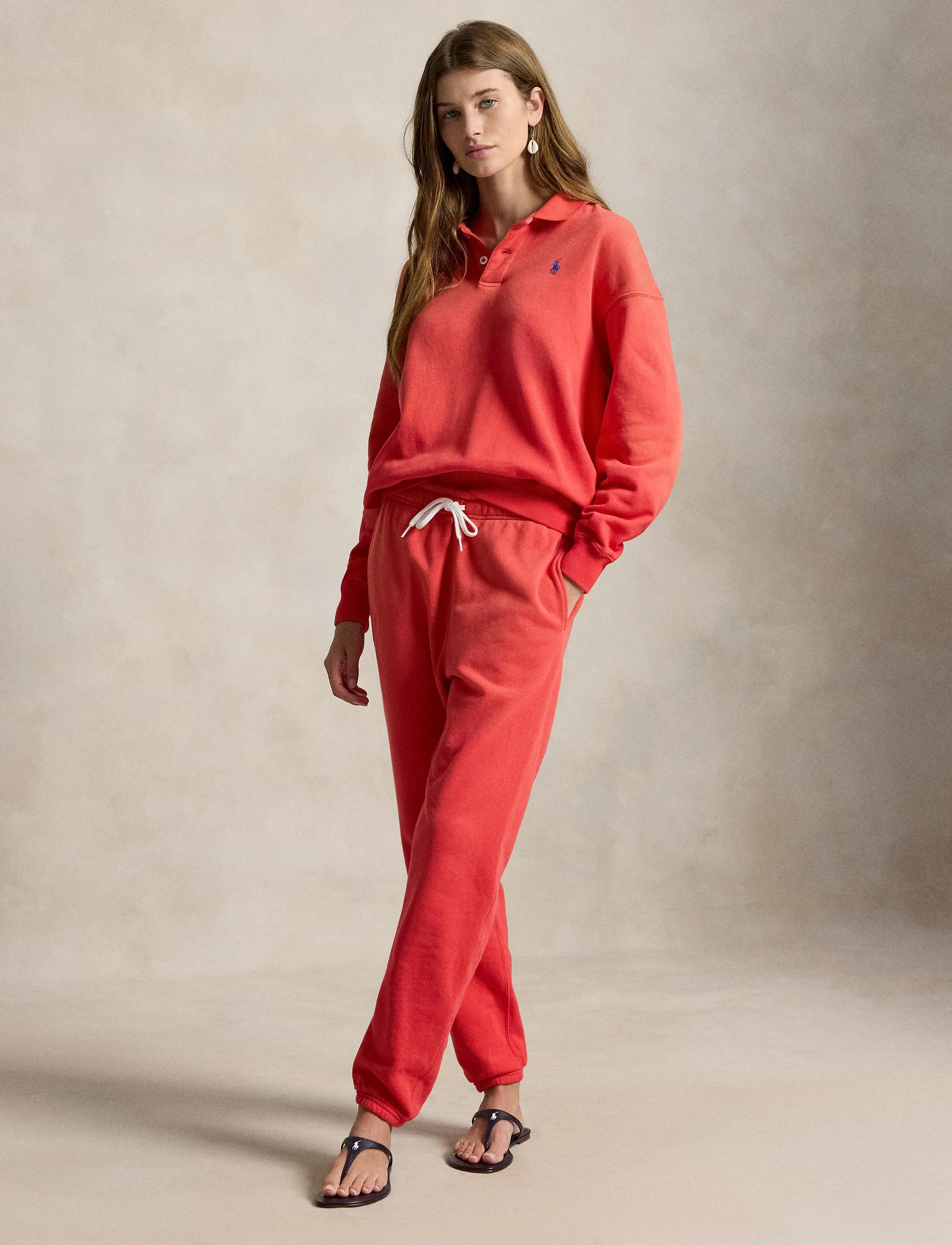Polo Ralph Lauren Lightweight Fleece Long-Sleeve Polo, L, T-shirts, Rot - Shirts, Frauen
