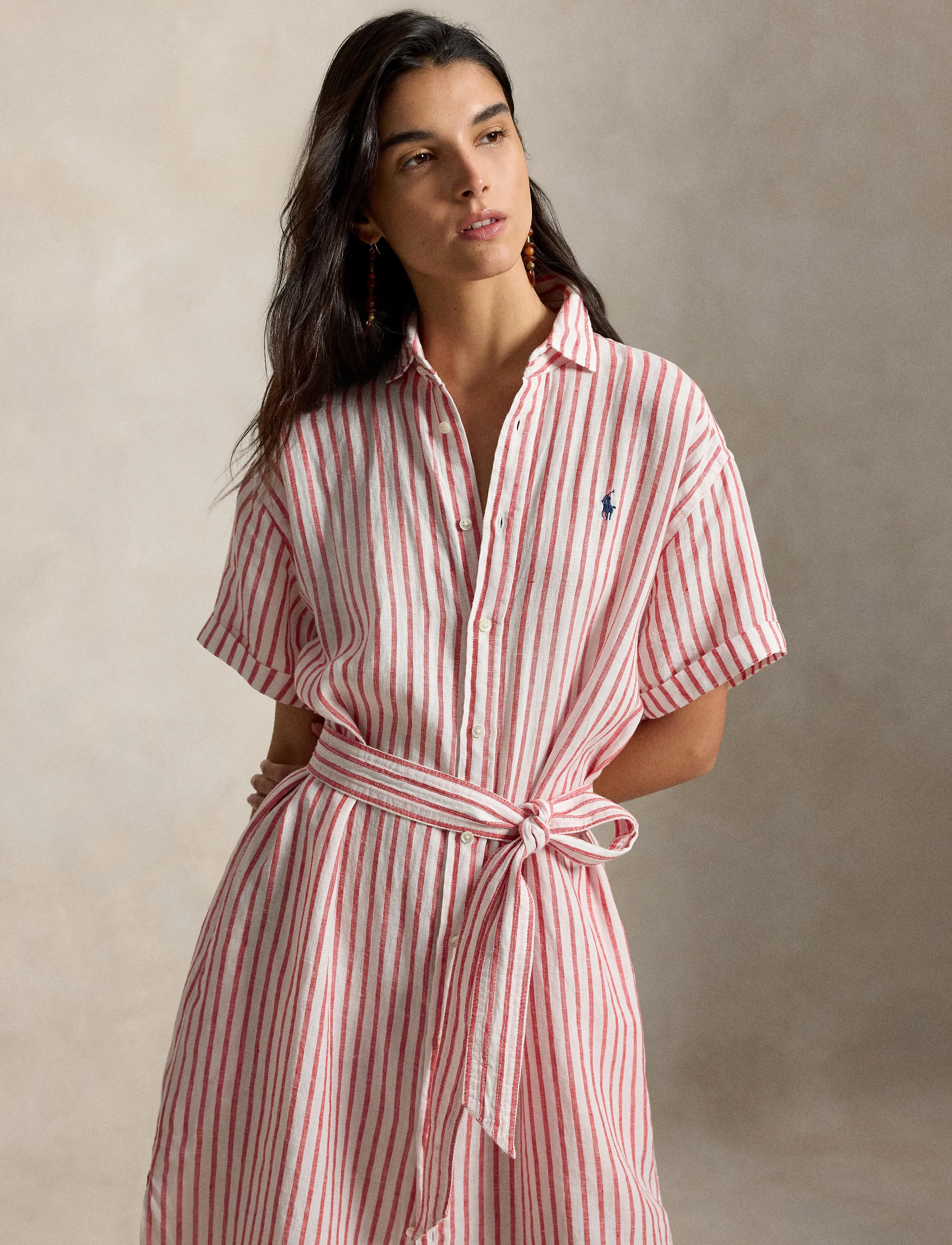 Striped Linen Short-Sleeve Shirtdress