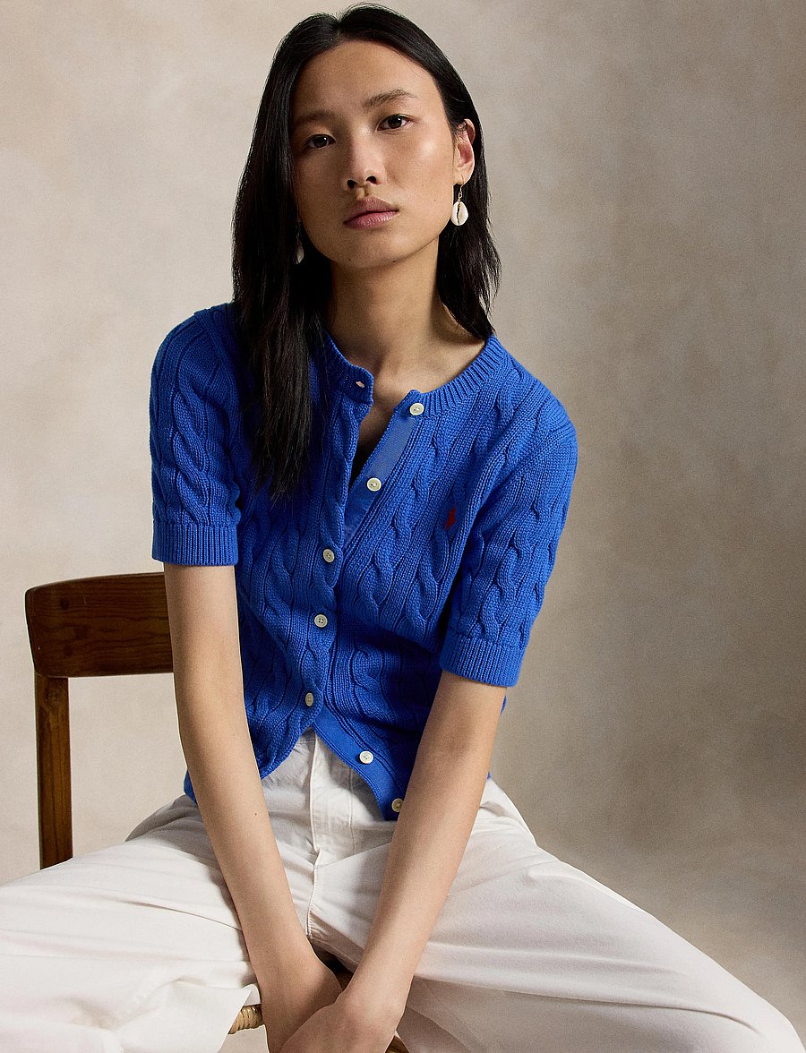 Polo Ralph Lauren - Cable-Knit Cotton Short-Sleeve Cardigan - cardigans - gala blue - 3