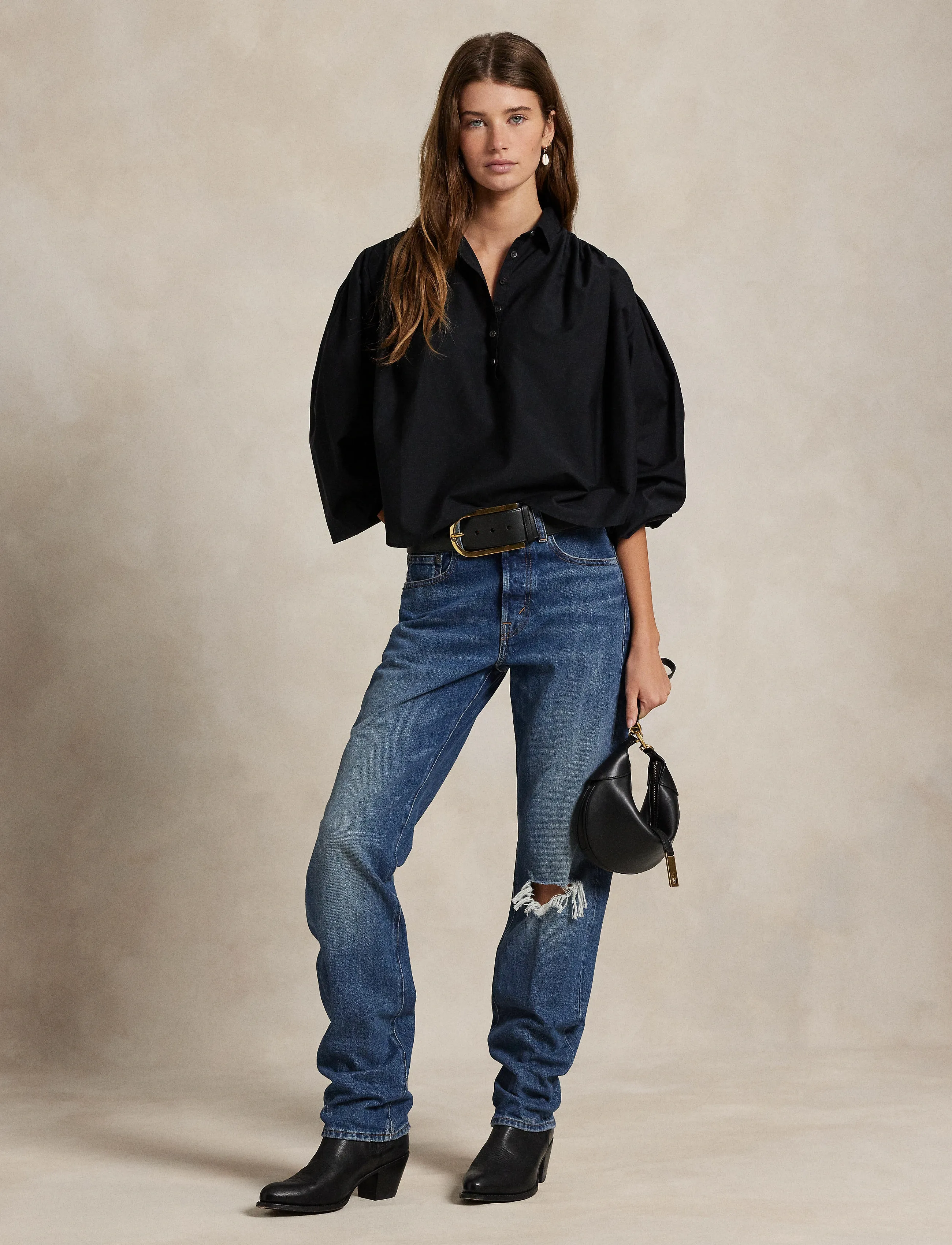 Polo Ralph Lauren Pleated Cotton-Silk Shirt, S, Black, Skjorter > Langærmede, Dame