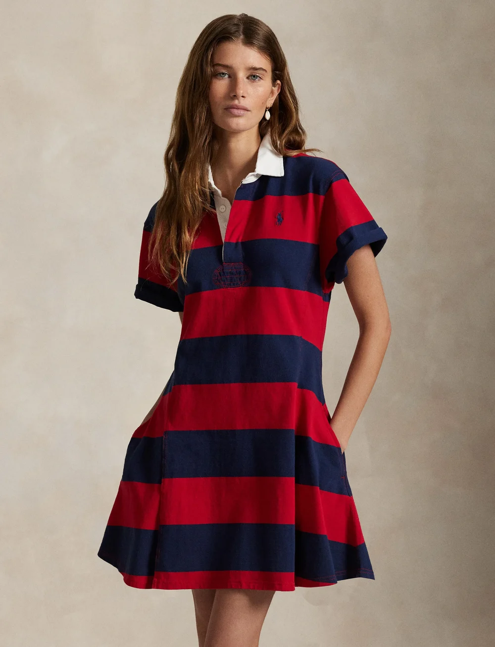 Polo Ralph Lauren - Striped Cotton Jersey Rugby Dress - krótkie sukienki - polo sport red/ne - 0
