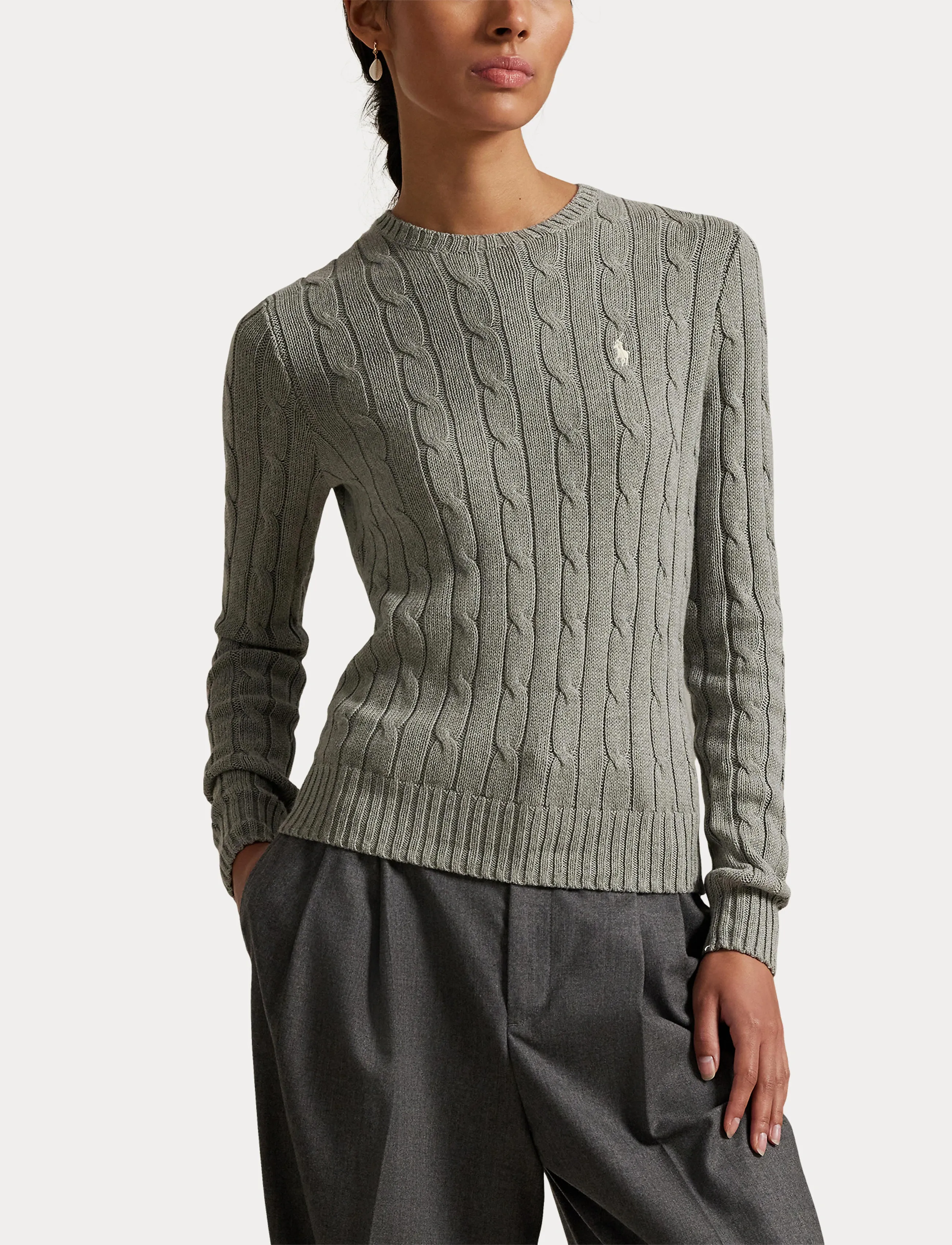 Polo Ralph Lauren - Cable-Knit Cotton Crewneck Sweater - peysur - fawn grey heather - 5