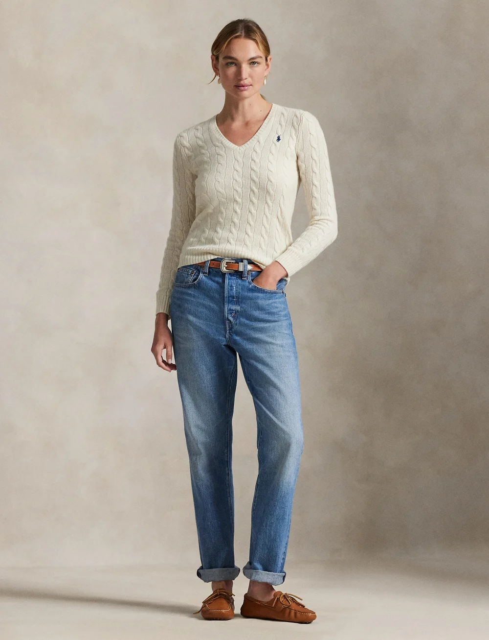Polo Ralph Lauren - Cable-Knit Wool-Cashmere V-Neck Sweater - neulepuserot - cream - 0