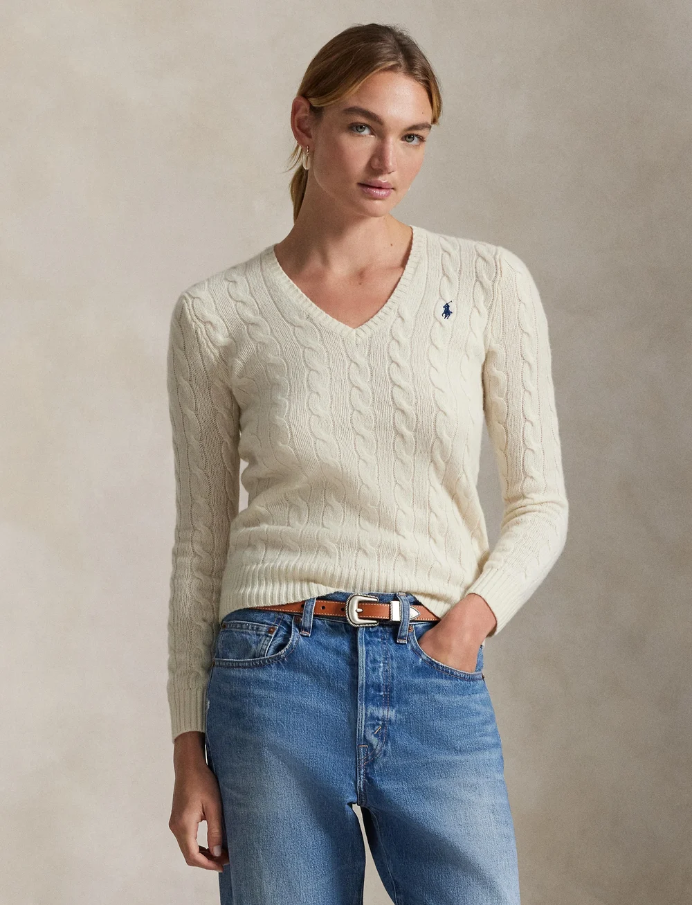 Polo Ralph Lauren - Cable-Knit Wool-Cashmere V-Neck Sweater - neulepuserot - cream - 3