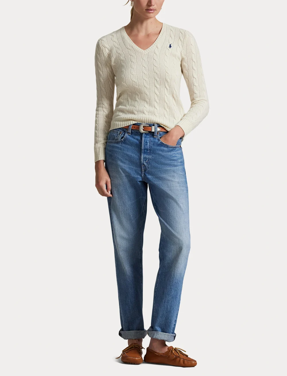 Polo Ralph Lauren - Cable-Knit Wool-Cashmere V-Neck Sweater - neulepuserot - cream - 4