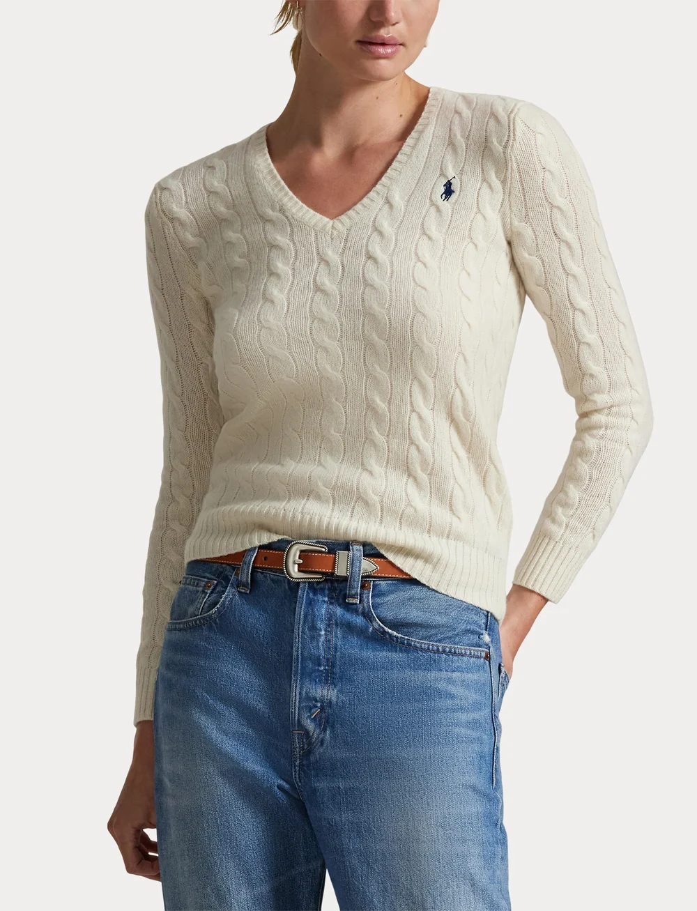 Polo Ralph Lauren - Cable-Knit Wool-Cashmere V-Neck Sweater - neulepuserot - cream - 5