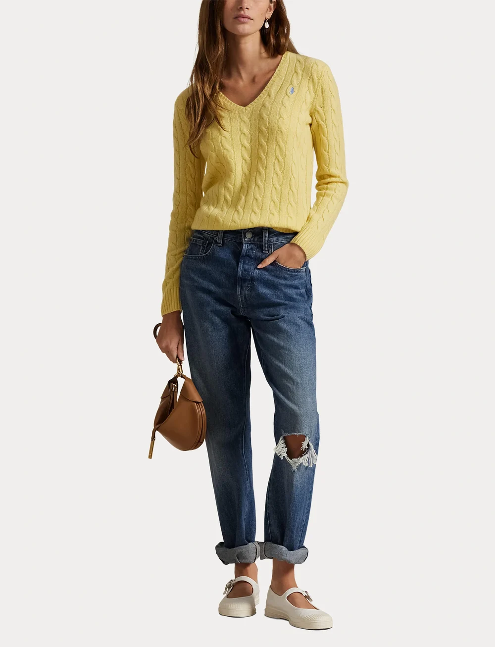 Polo Ralph Lauren - Cable-Knit Wool-Cashmere V-Neck Sweater - kaschmir - fall yellow - 4