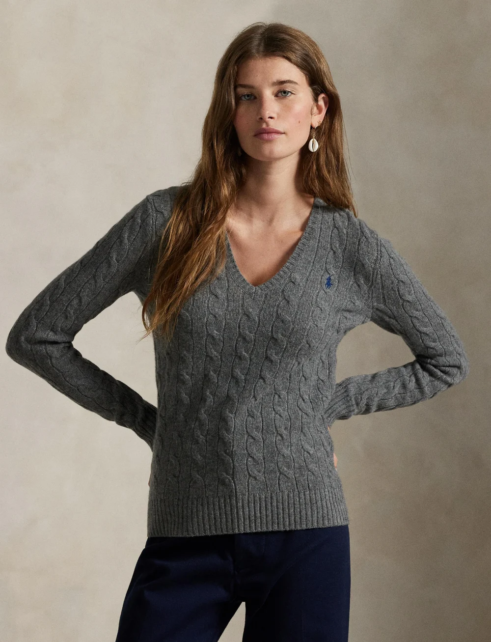 Polo Ralph Lauren - Cable-Knit Wool-Cashmere V-Neck Sweater - pulls - flannel grey heat - 3