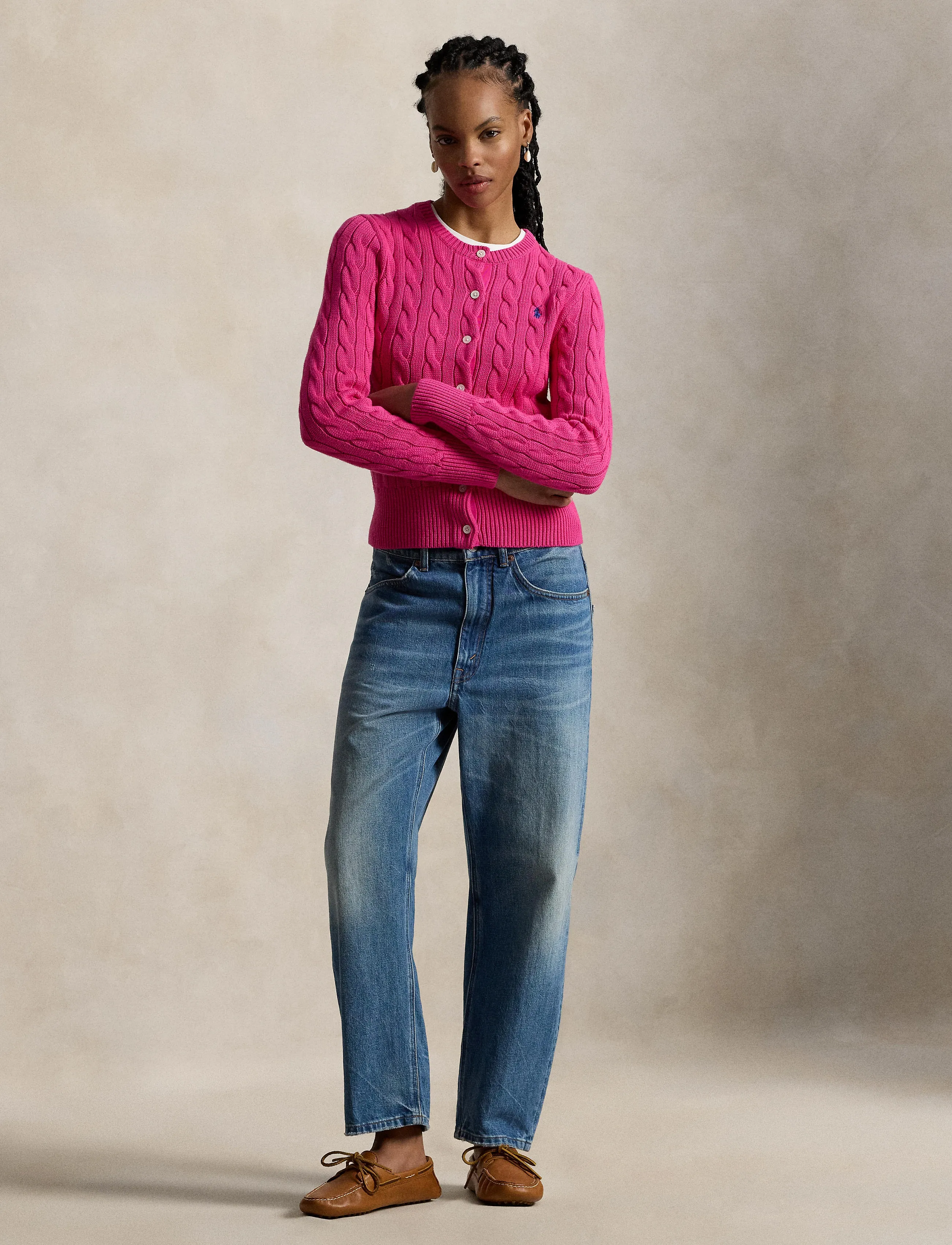 Cable-Knit Cotton Crewneck Cardigan