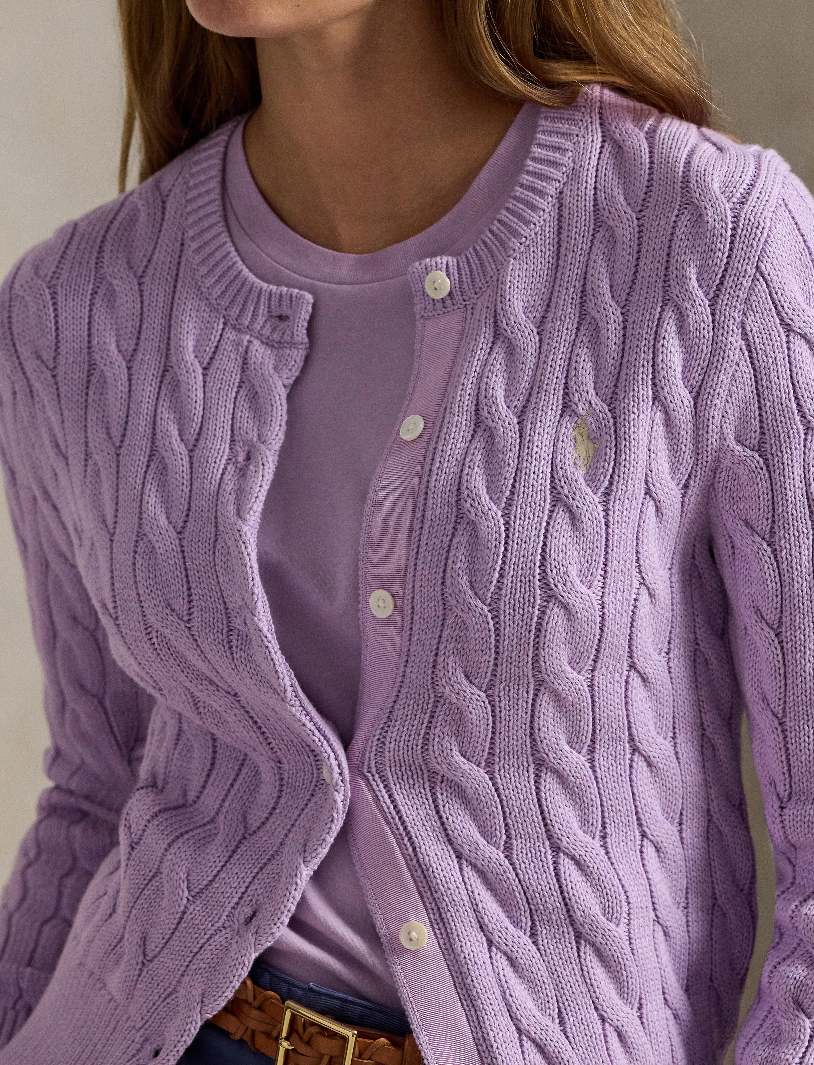 Polo Ralph Lauren - Cable-Knit Cotton Crewneck Cardigan - cardigans - bright aster - 5