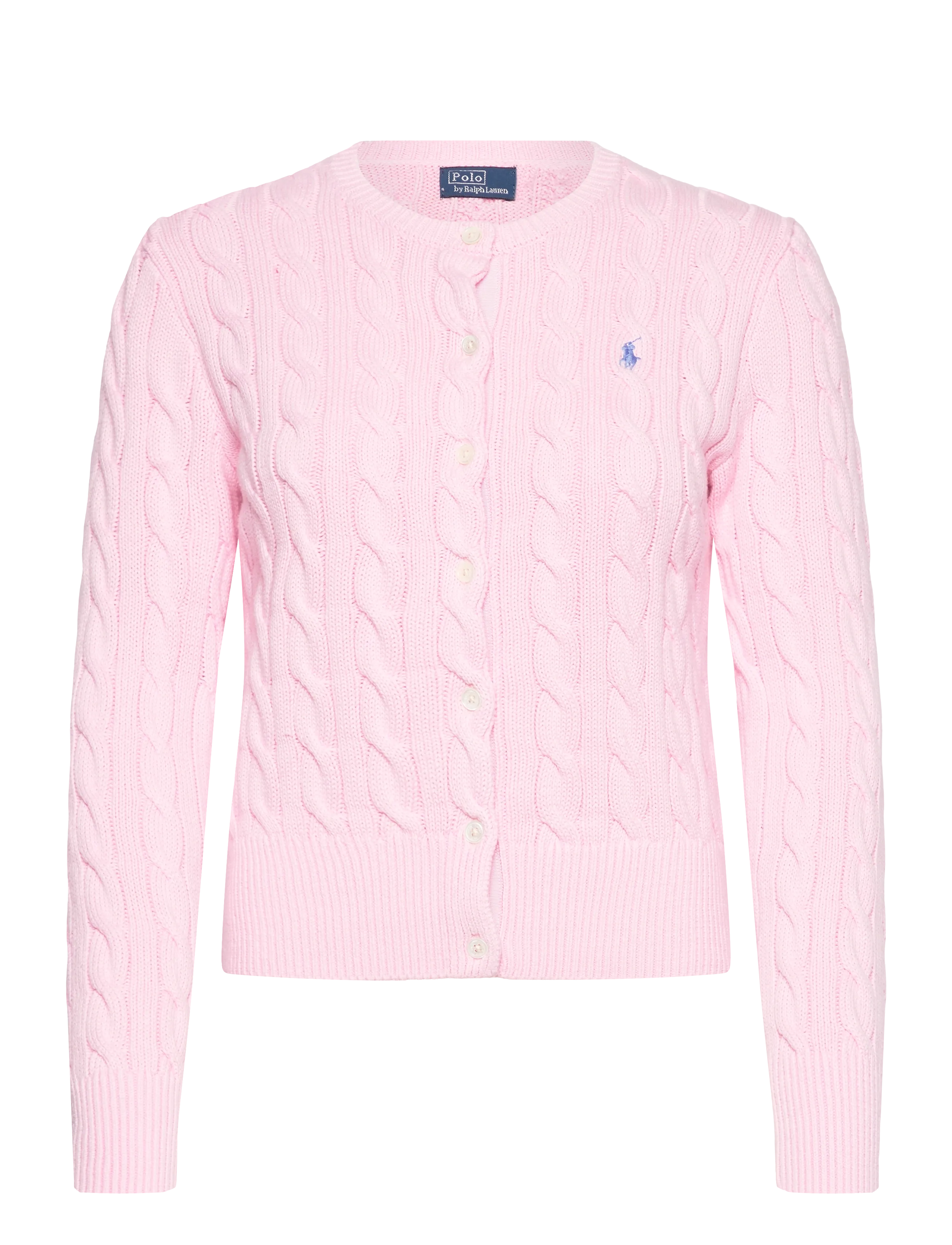 Cable-Knit Cotton Crewneck Cardigan - CARMEL PINK