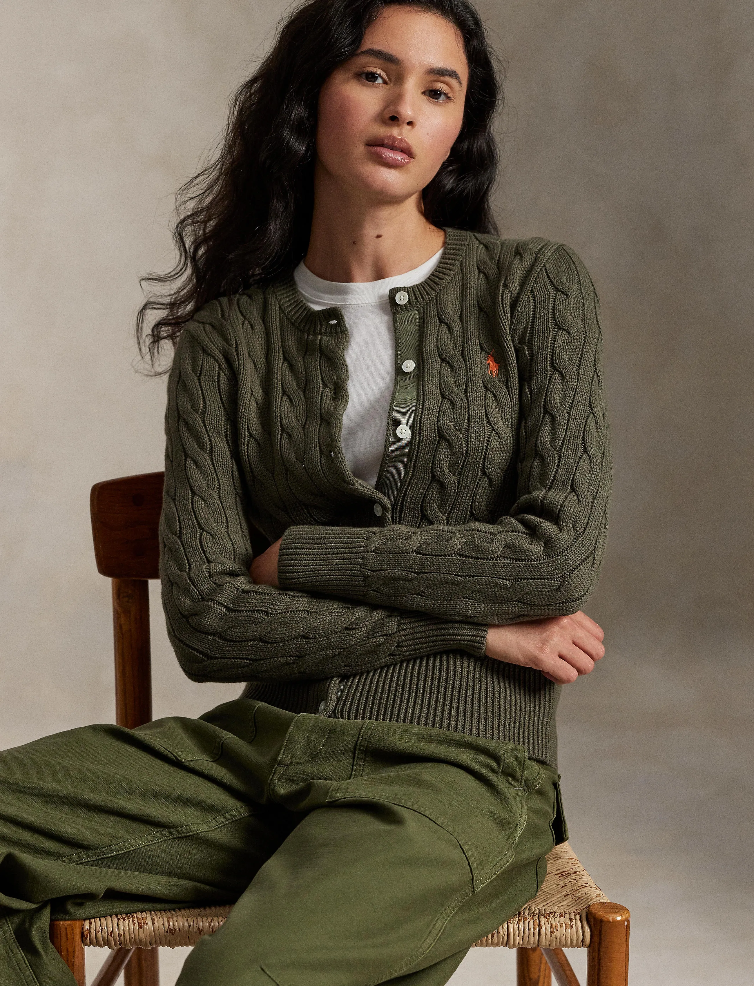 Polo Ralph Lauren - Cable-Knit Cotton Crewneck Cardigan - cardigans - harvest olive - 3