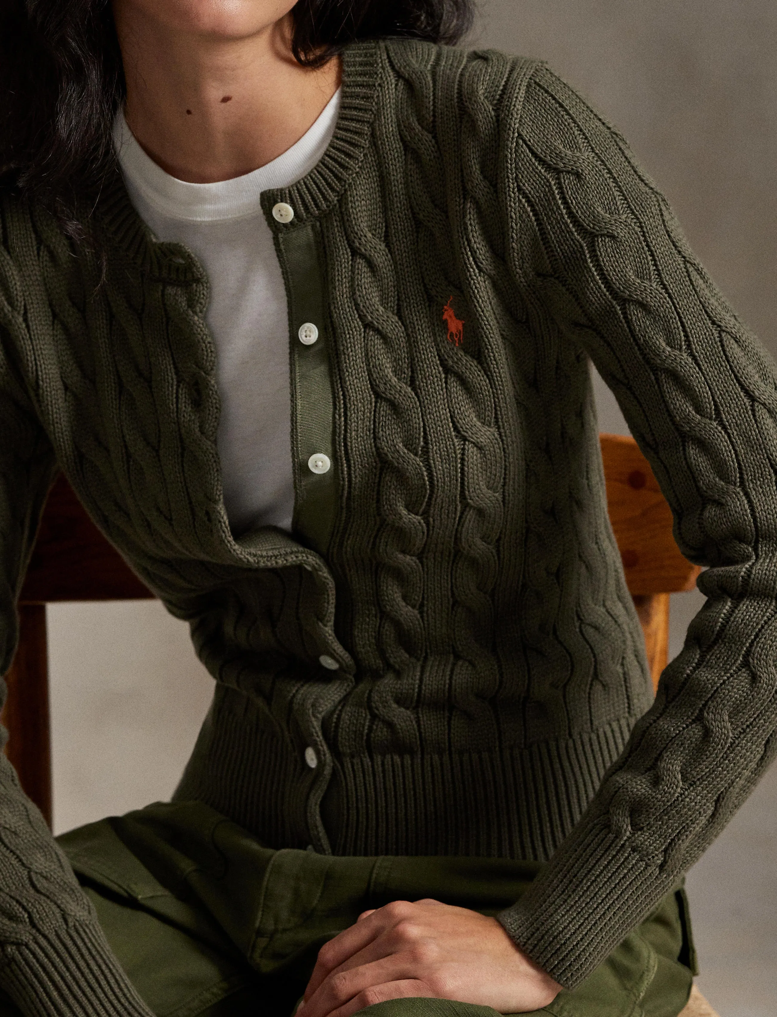 Polo Ralph Lauren - Cable-Knit Cotton Crewneck Cardigan - cardigans - harvest olive - 4