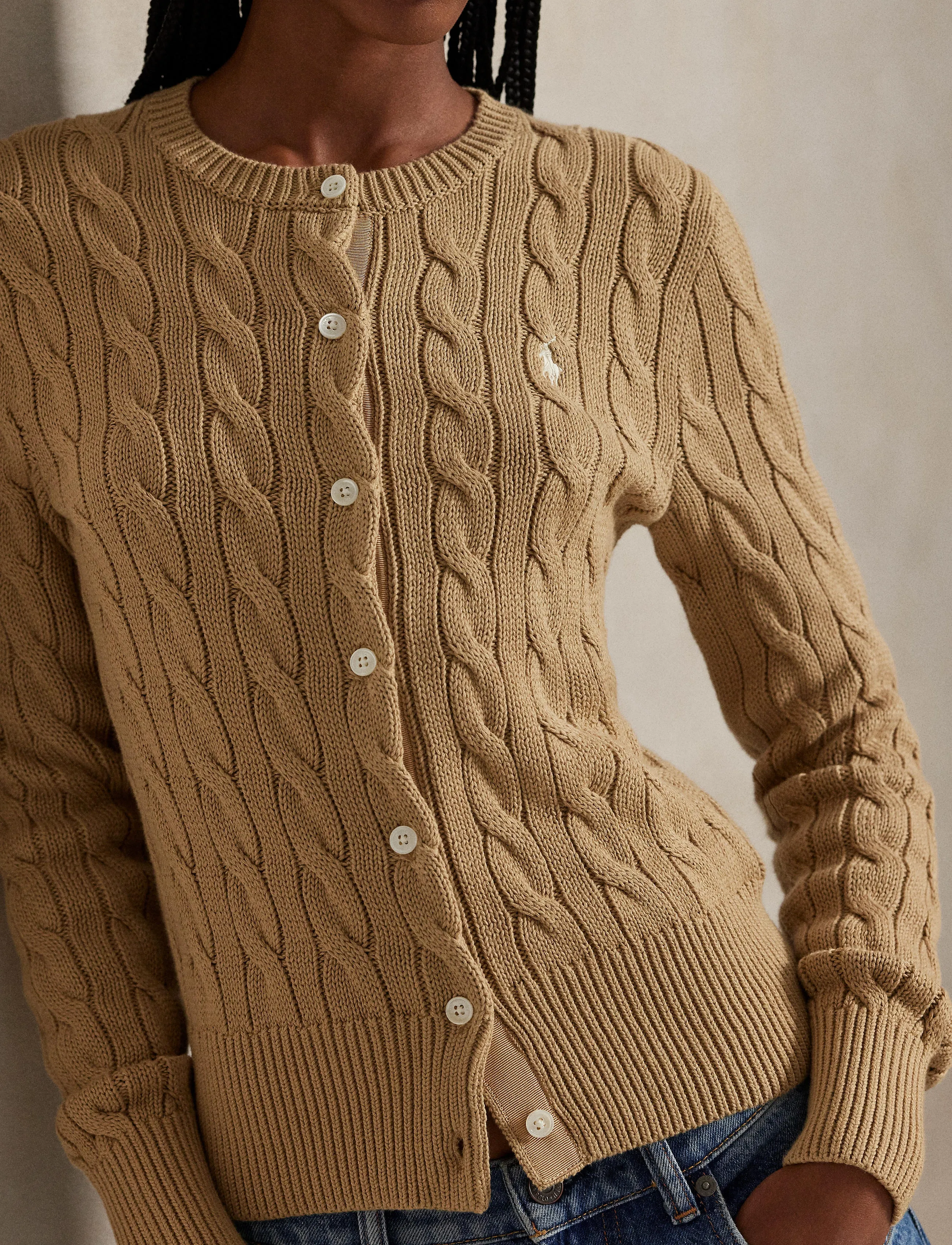 Polo Ralph Lauren - Cable-Knit Cotton Crewneck Cardigan - cardigans - vintage khaki - 4