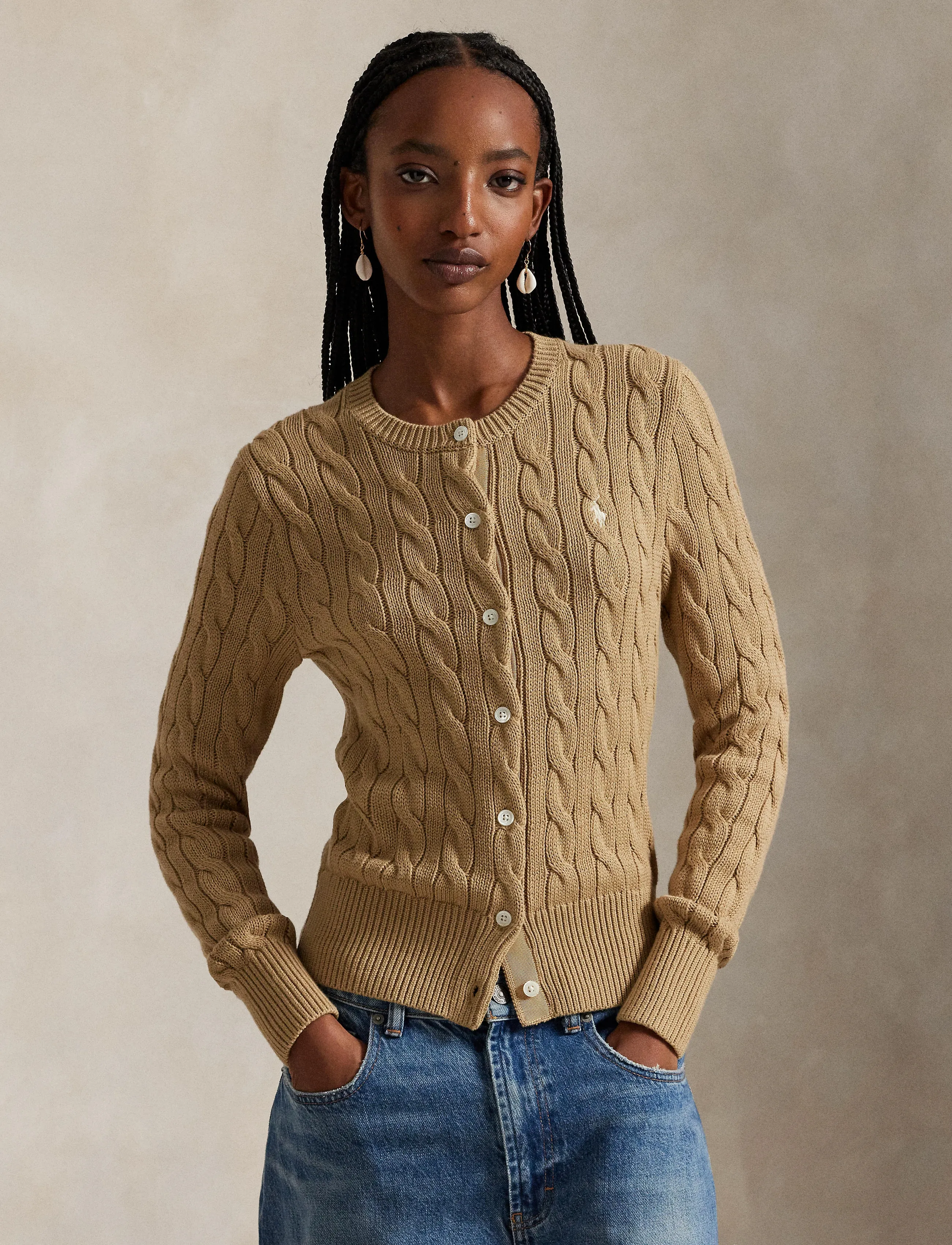 Polo Ralph Lauren - Cable-Knit Cotton Crewneck Cardigan - cardigans - vintage khaki - 5