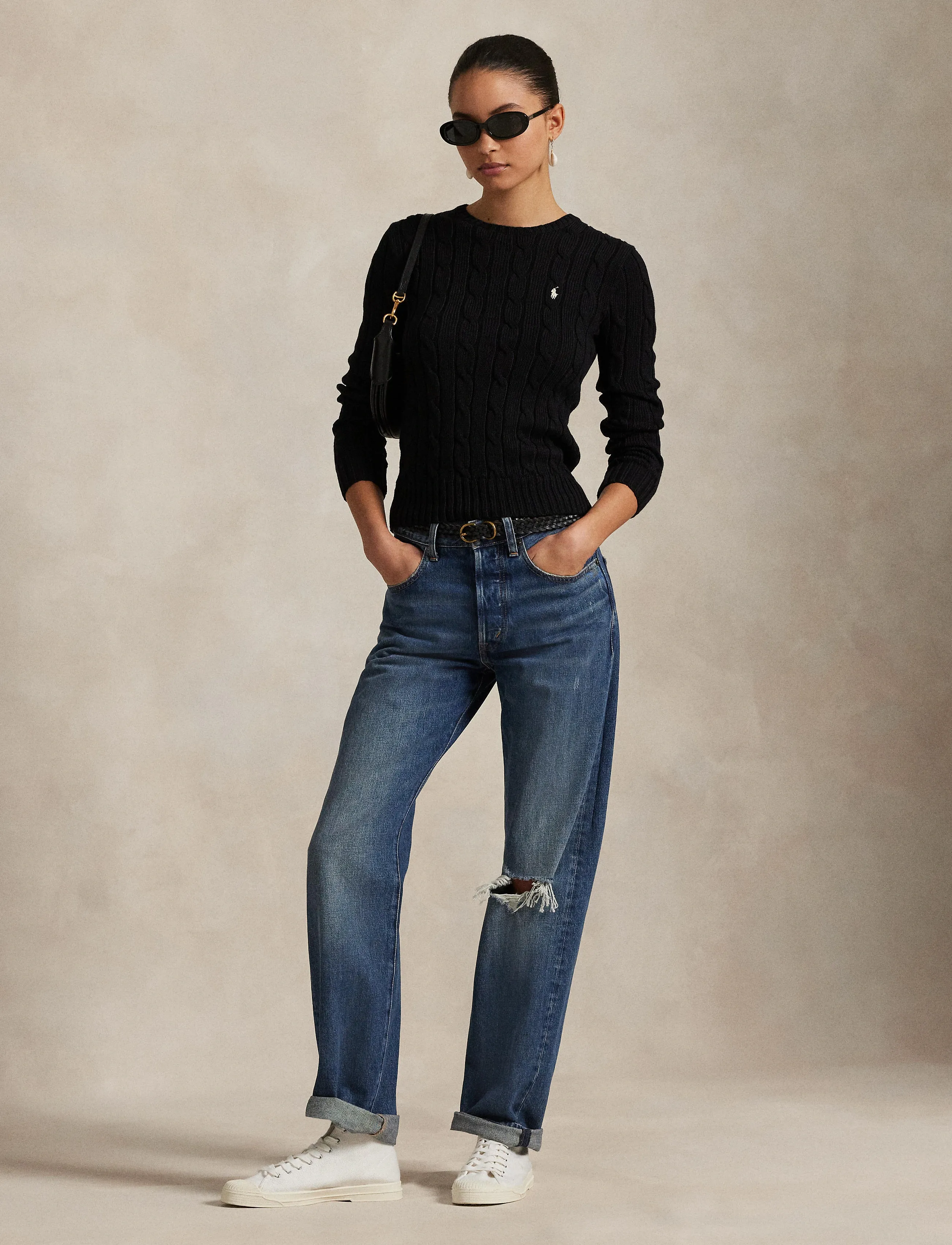Polo Ralph Lauren Cable-Knit Cotton Crewneck Sweater - Ralph Lauren - POLO BLACK/WHITE / black
