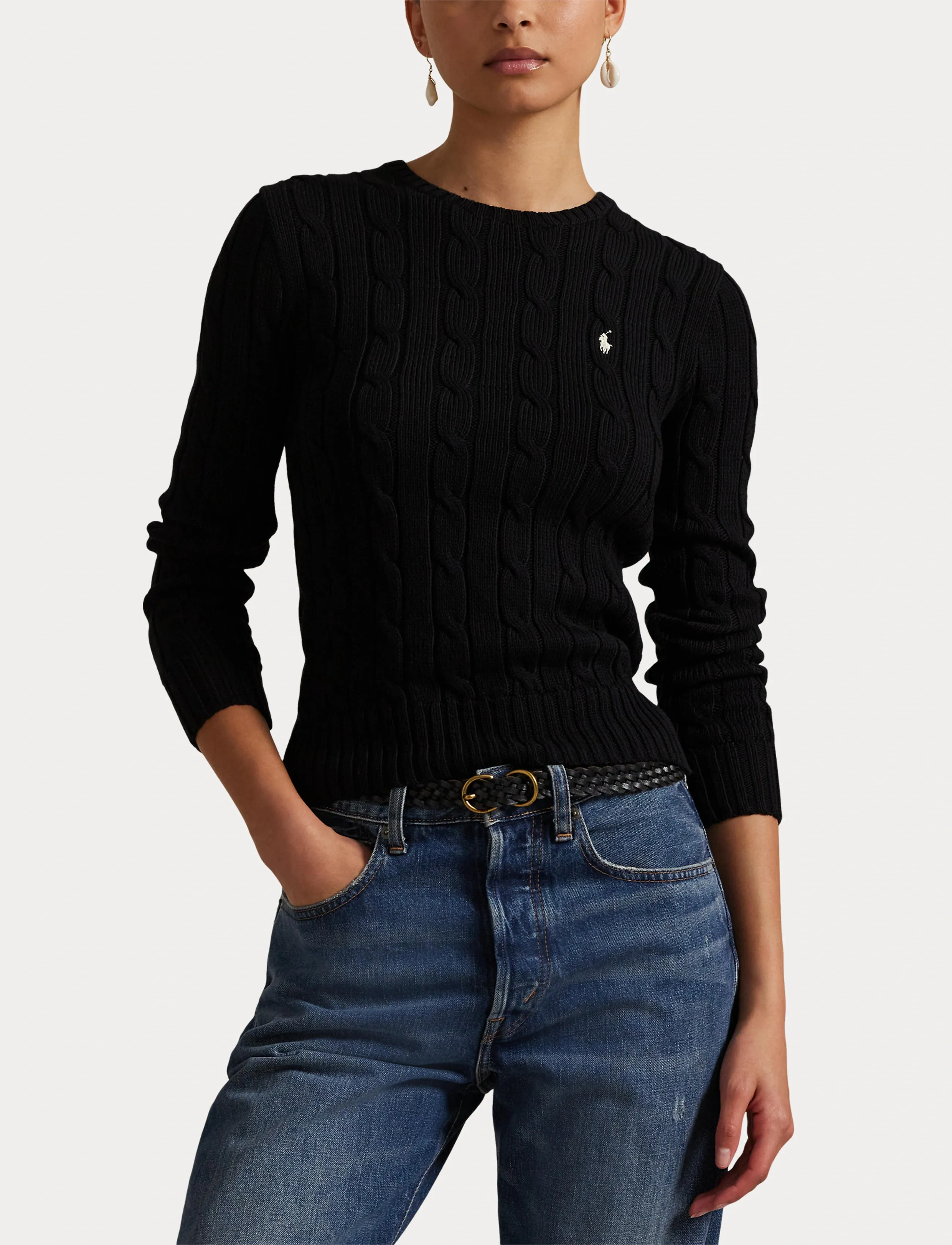 Polo Ralph Lauren - Cable-Knit Cotton Crewneck Sweater - pulls - polo black/white - 5