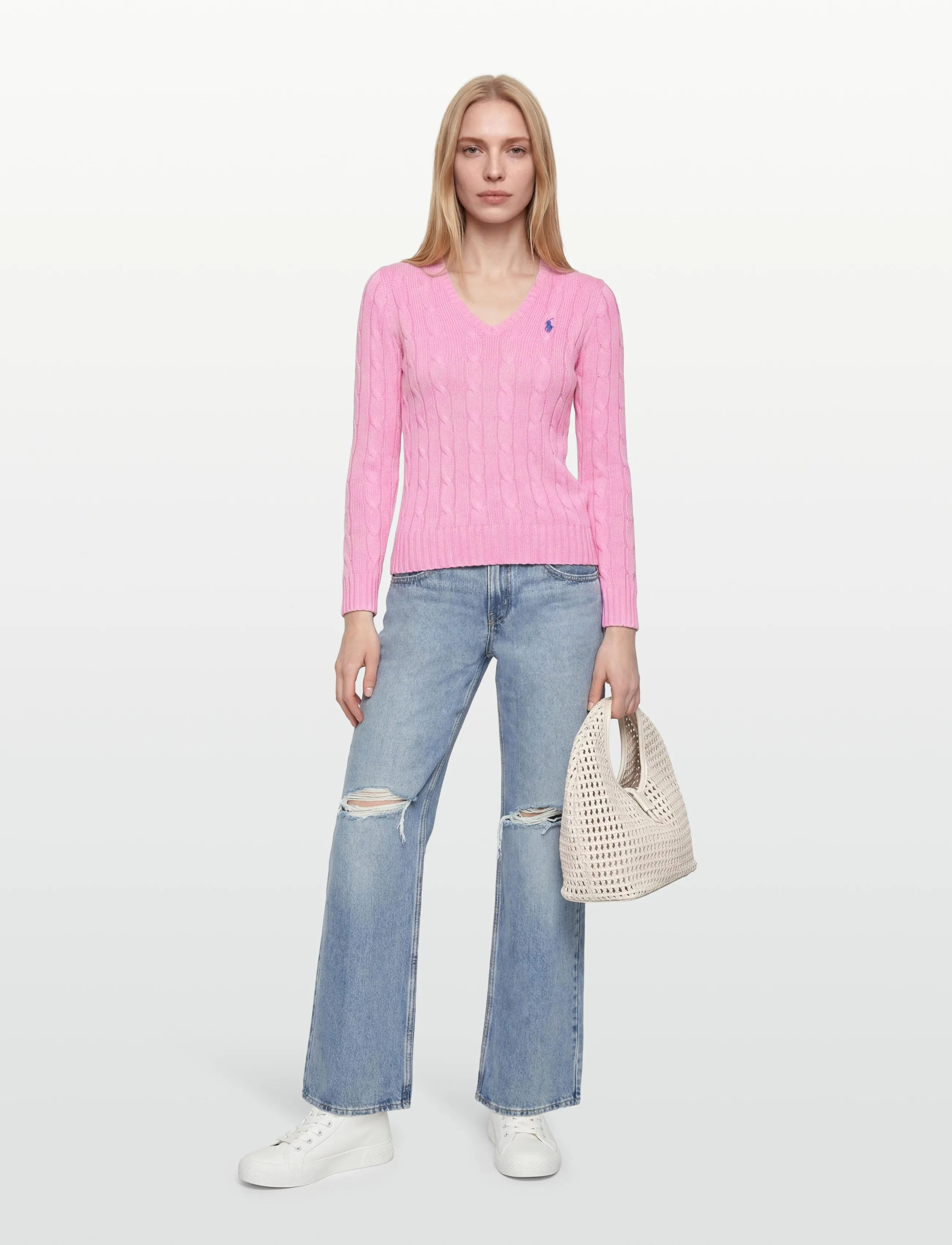 Polo Ralph Lauren Cable-Knit Cotton V-Neck Sweater, XL, Pink, Strik > Trøjer, Dame
