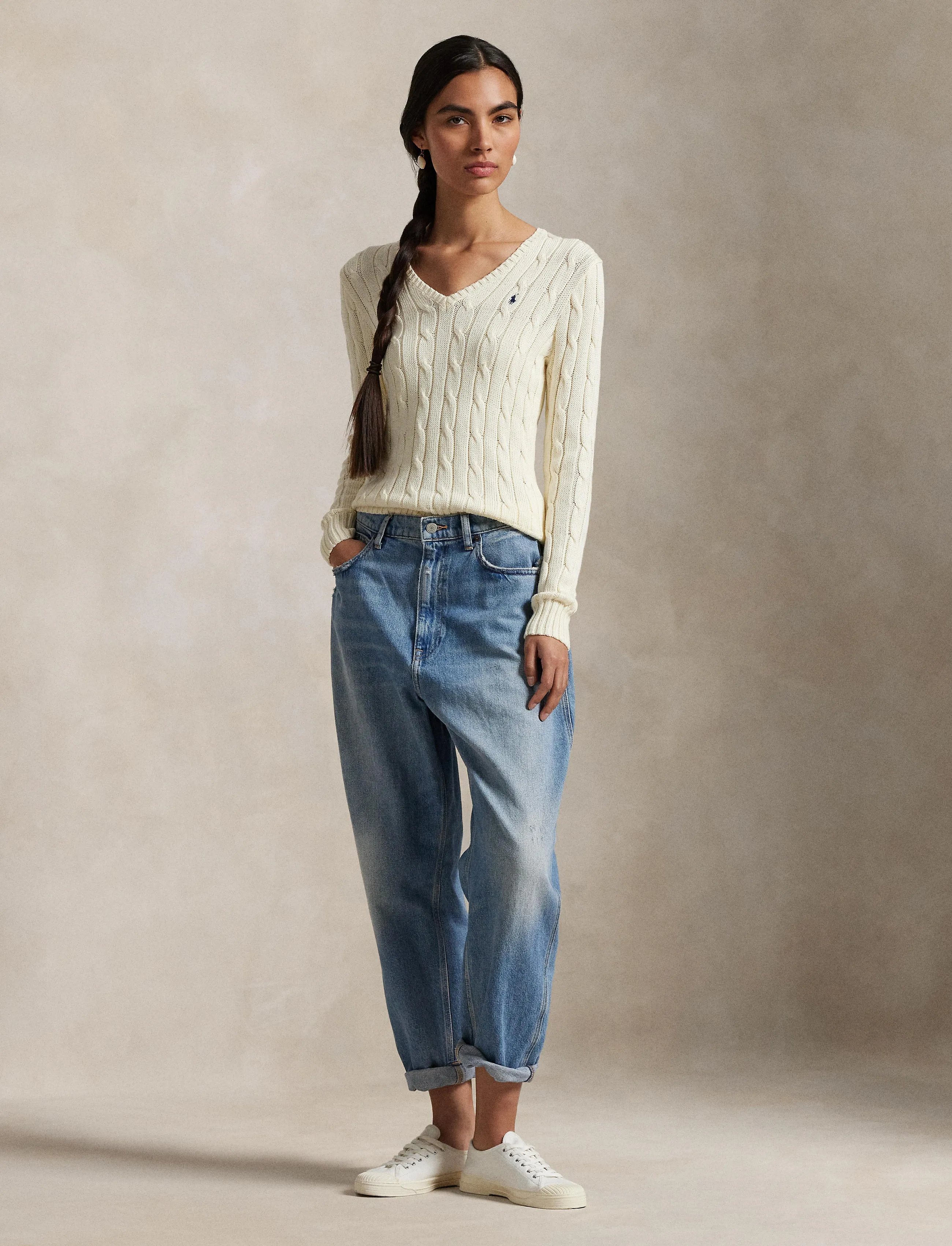 Polo Ralph Lauren Cable-Knit Cotton V-Neck Sweater, XXS, Cream, Strik > Trøjer, Dame