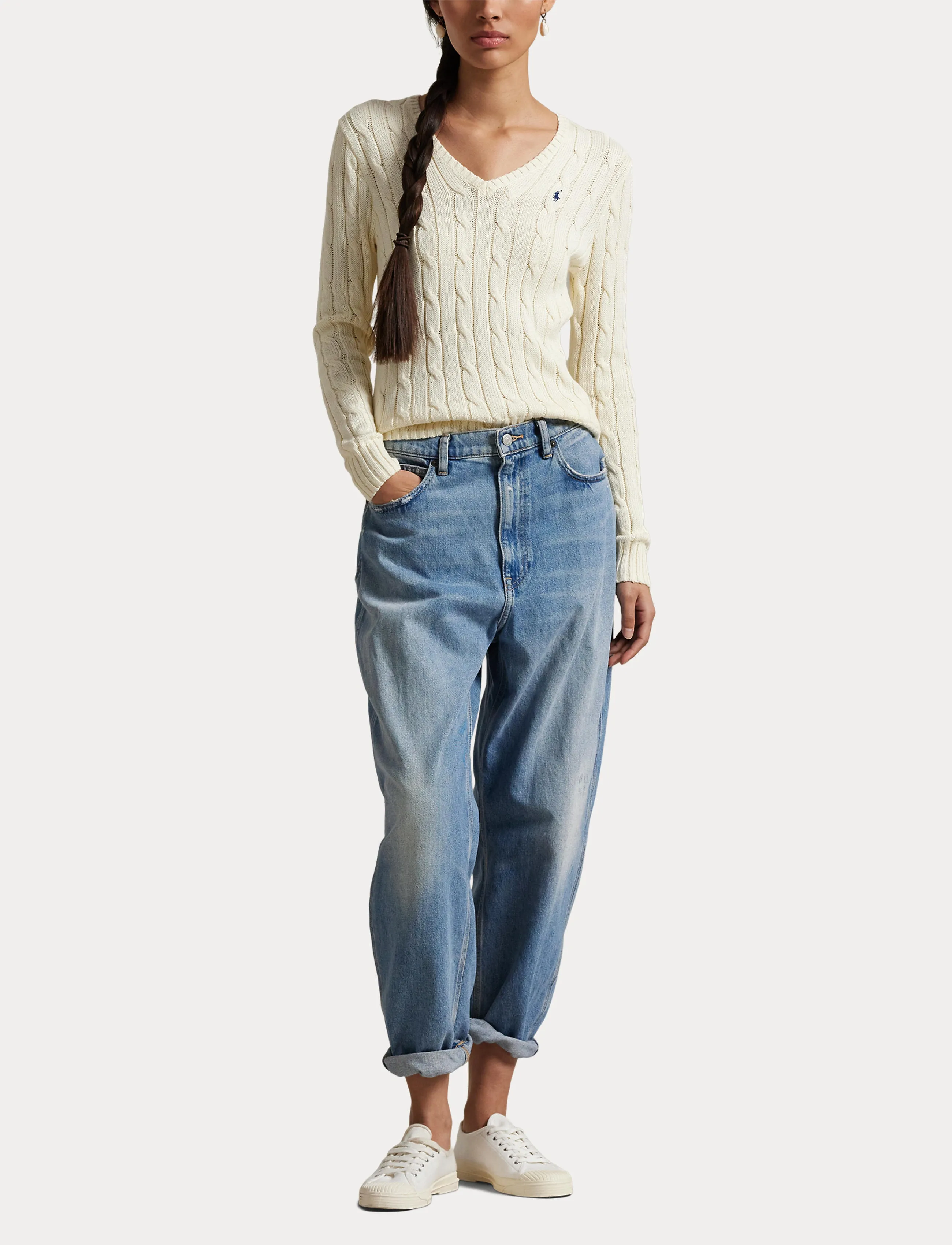 Cable-Knit Cotton V-Neck Sweater 4