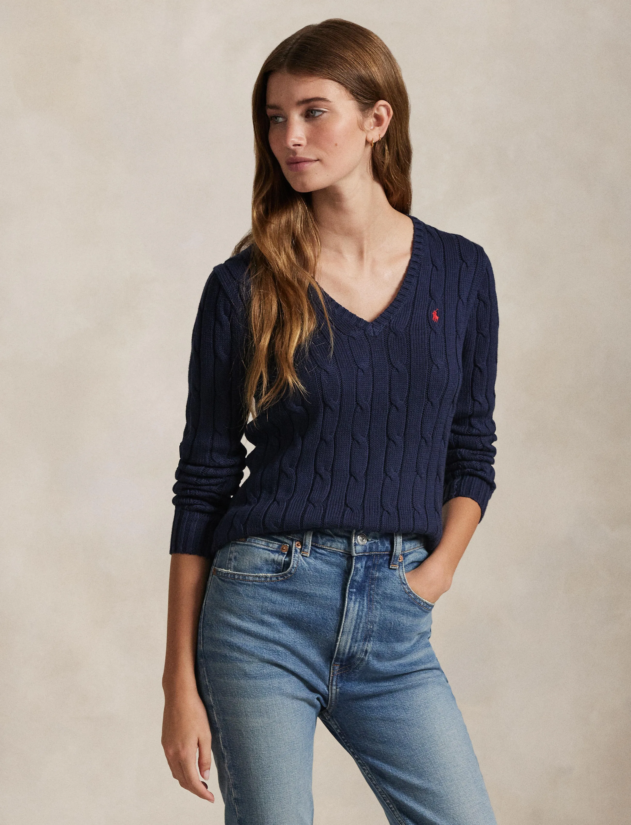 Polo Ralph Lauren - Cable-Knit Cotton V-Neck Sweater - pulls - hunter navy - 3