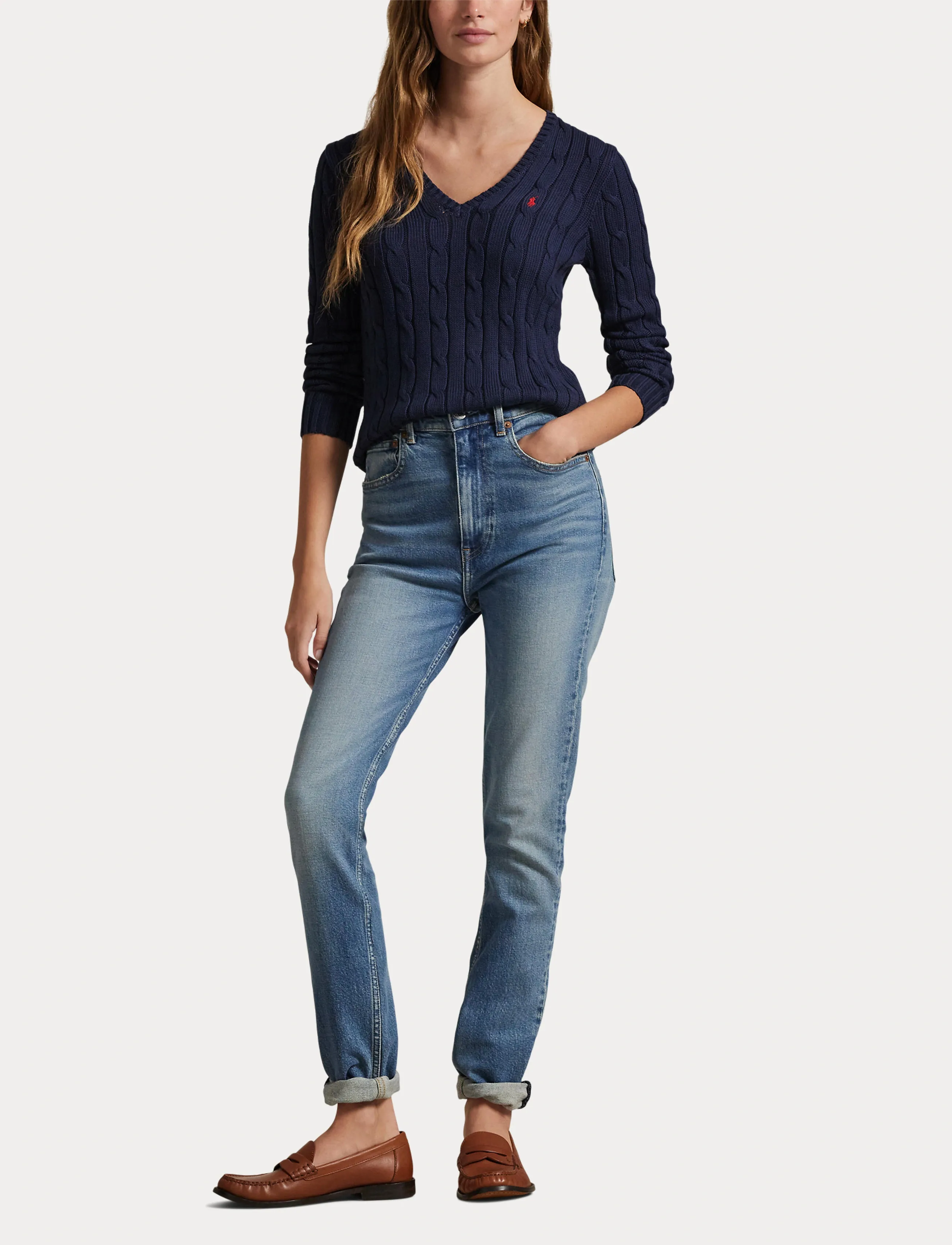 Polo Ralph Lauren - Cable-Knit Cotton V-Neck Sweater - pulls - hunter navy - 4